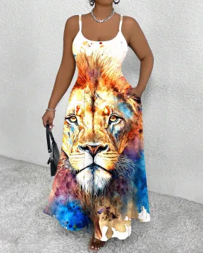 Fashionable And Versatile Watercolor Lion Print Cami Dress