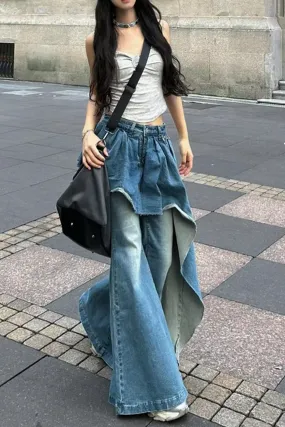 Flytonn-cute winter outfits casual winter outfits christmas outfit party look inspos Fake Two Splicing Flare Jeans Pants
