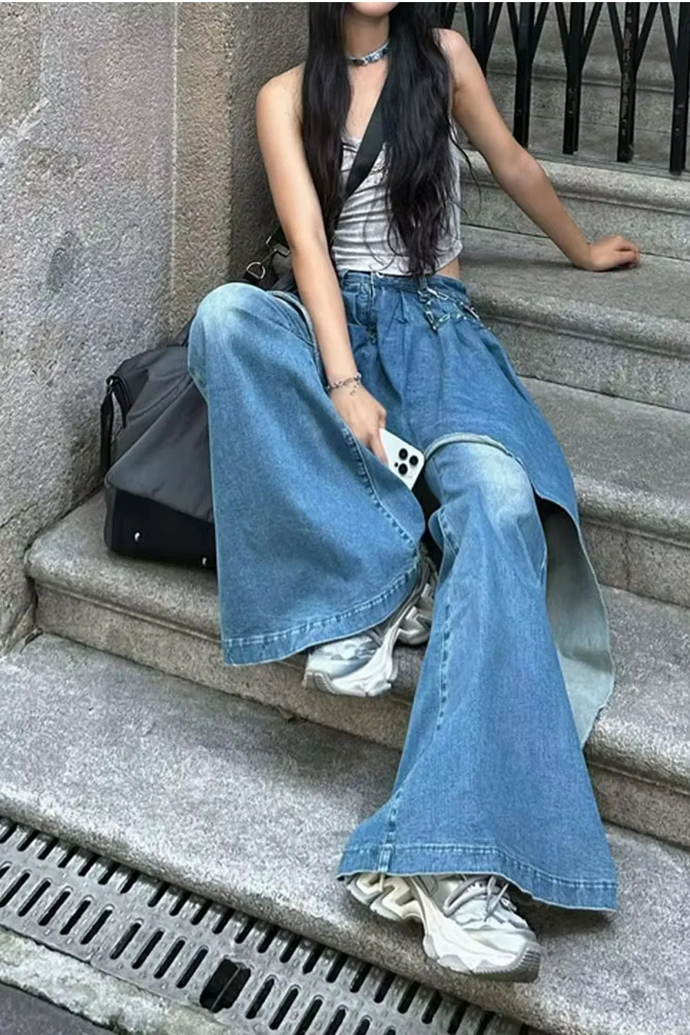 Flytonn-cute winter outfits casual winter outfits christmas outfit party look inspos Fake Two Splicing Flare Jeans Pants