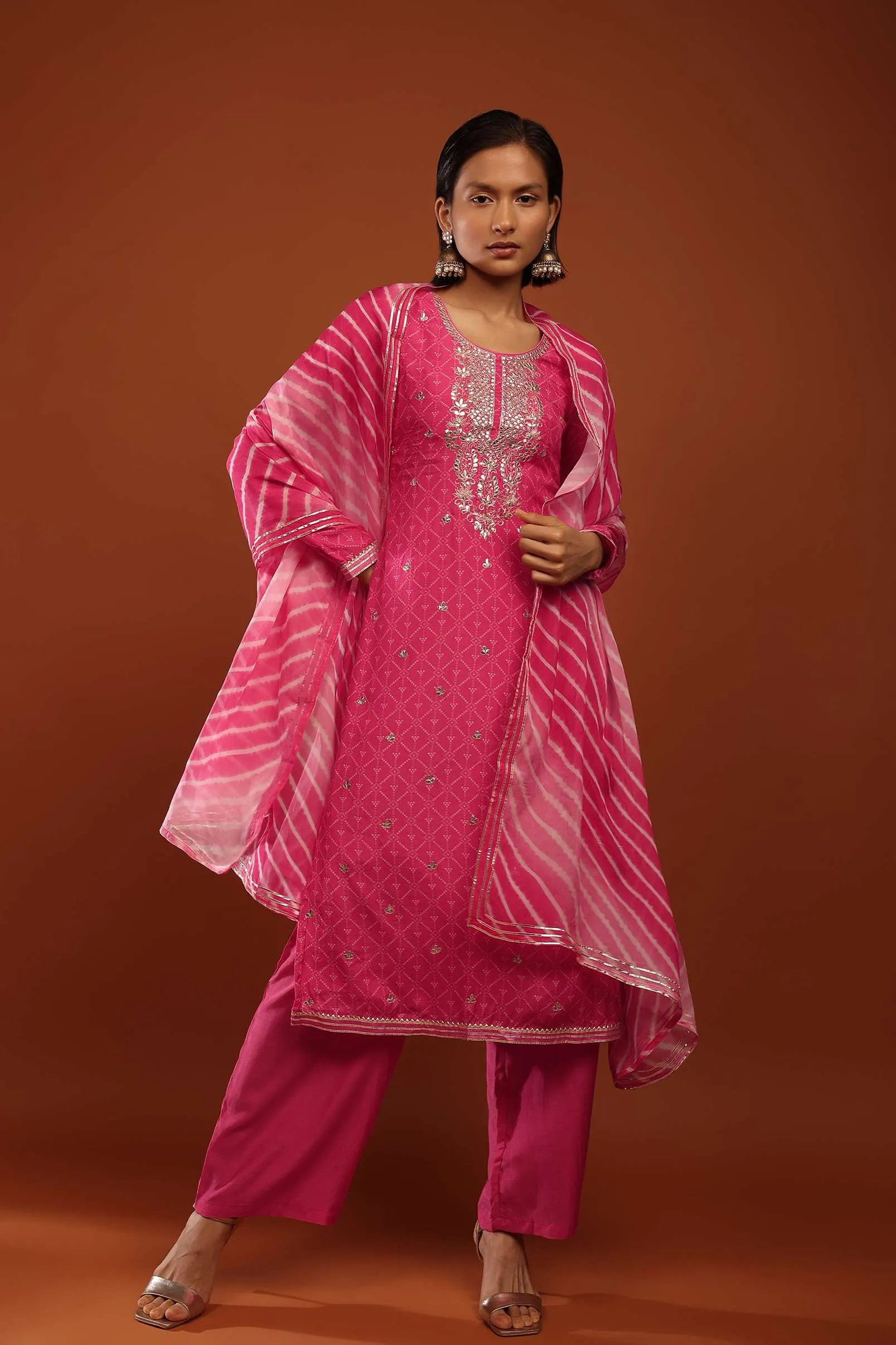 Fuchsia Pink Palazzo Suit With Bandhani Print And Gotta Patti Embrodiered Yoke Design