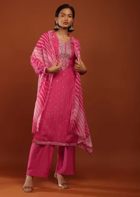 Fuchsia Pink Palazzo Suit With Bandhani Print And Gotta Patti Embrodiered Yoke Design