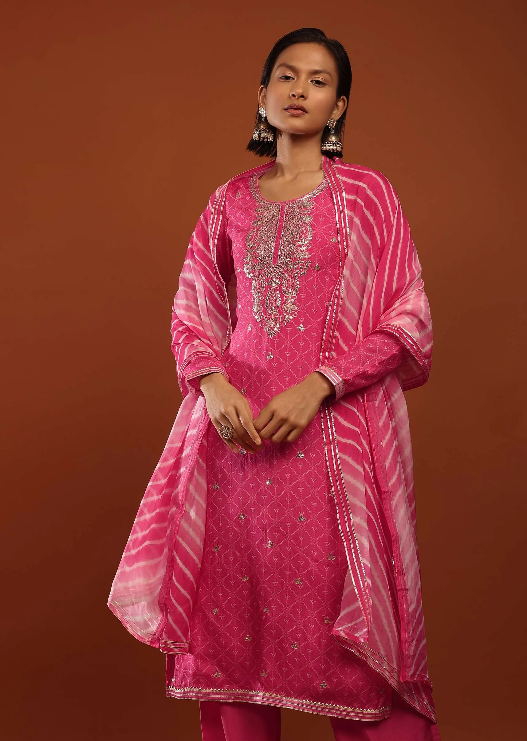 Fuchsia Pink Palazzo Suit With Bandhani Print And Gotta Patti Embrodiered Yoke Design