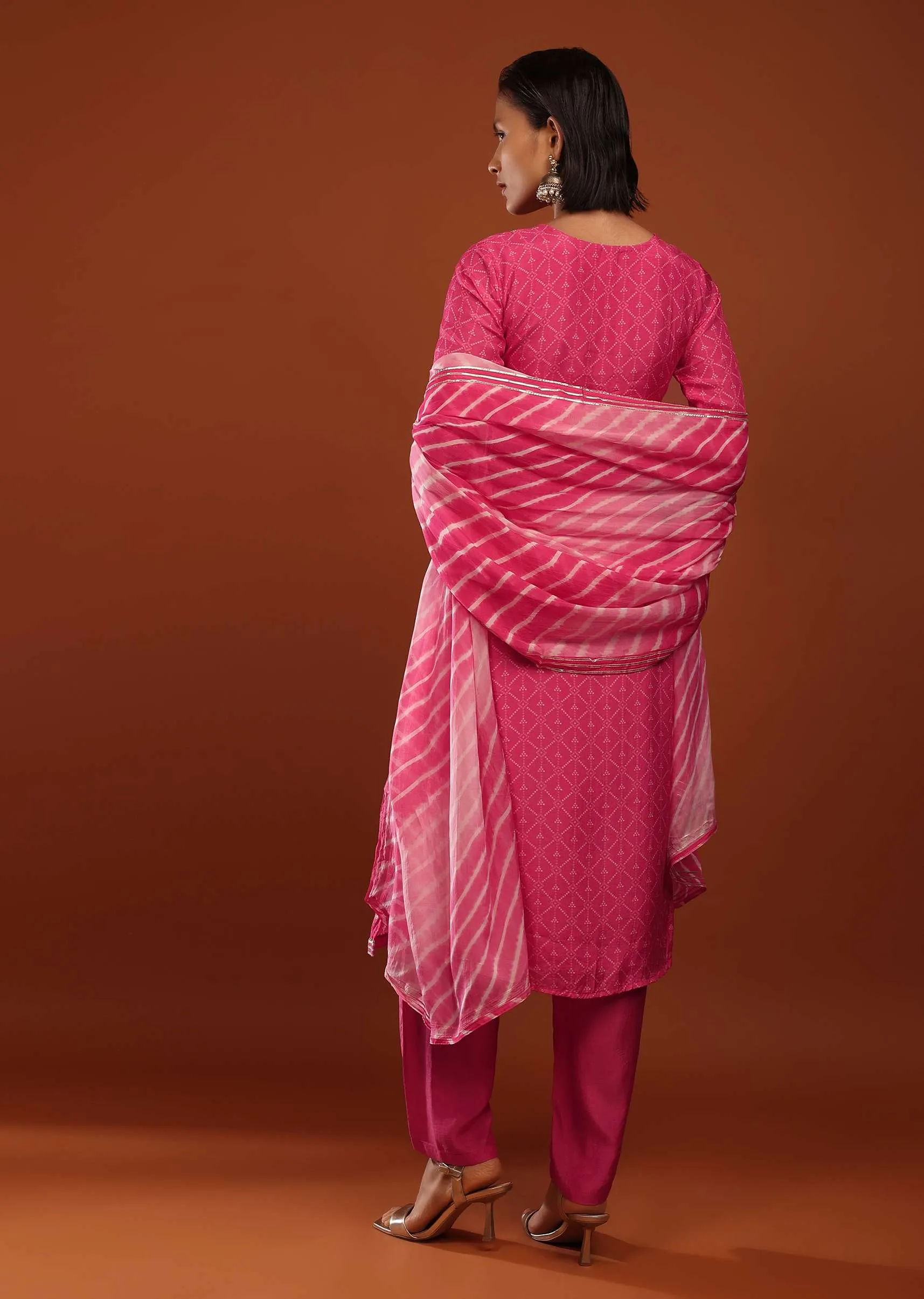 Fuchsia Pink Palazzo Suit With Bandhani Print And Gotta Patti Embrodiered Yoke Design