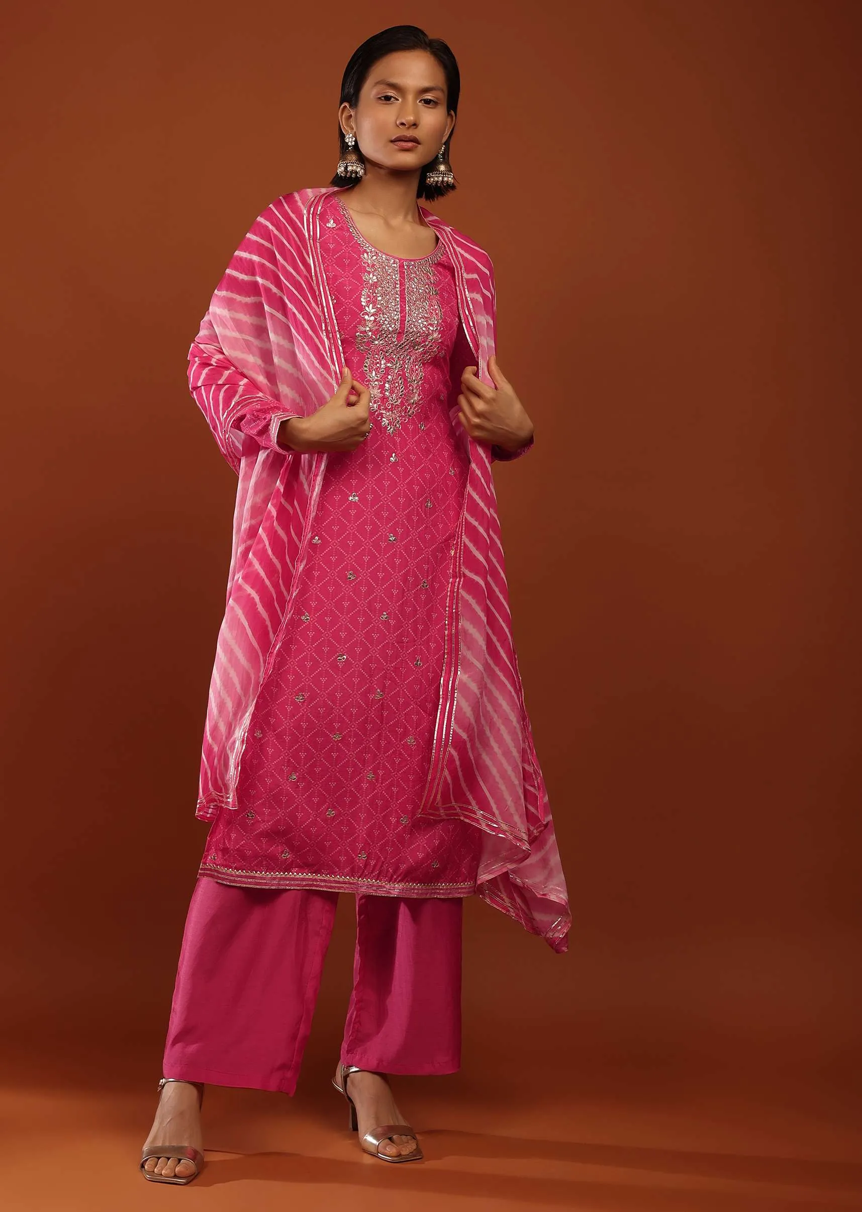Fuchsia Pink Palazzo Suit With Bandhani Print And Gotta Patti Embrodiered Yoke Design