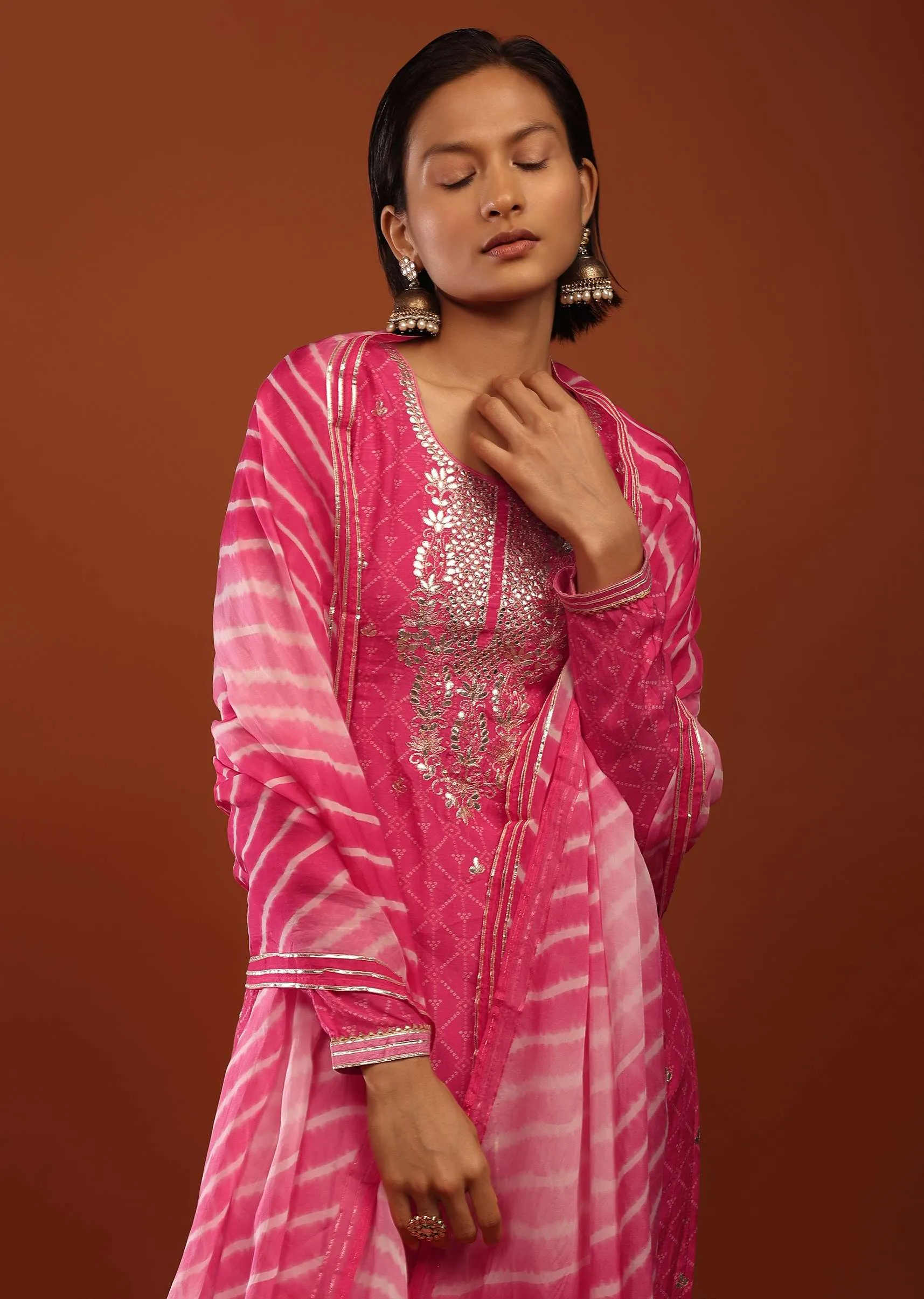 Fuchsia Pink Palazzo Suit With Bandhani Print And Gotta Patti Embrodiered Yoke Design