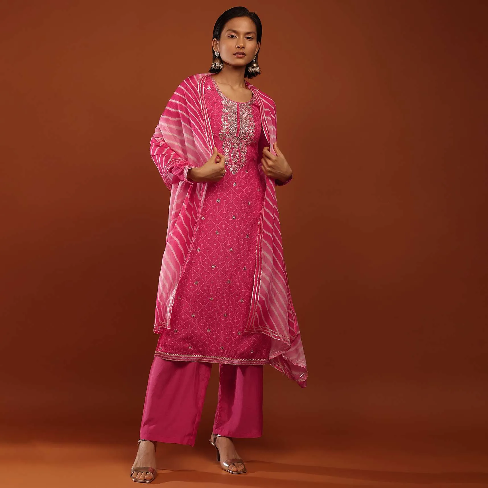 Fuchsia Pink Palazzo Suit With Bandhani Print And Gotta Patti Embrodiered Yoke Design