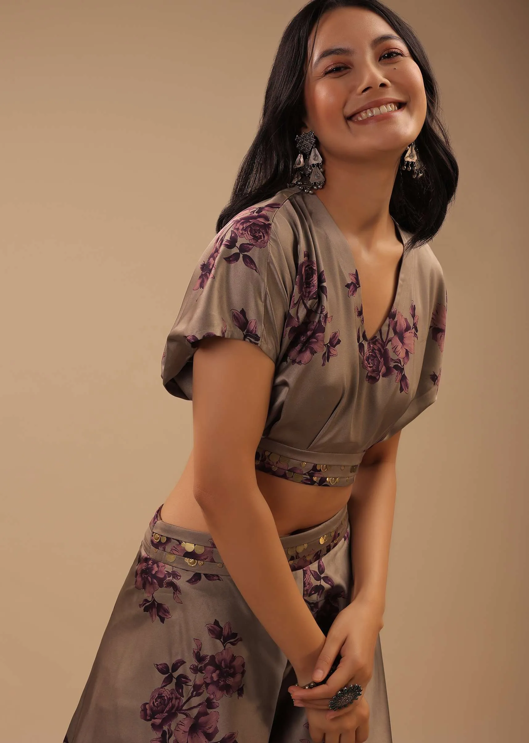 Ginger Grey Satin Blouse And High Low Palazzo Pants With Floral Prints