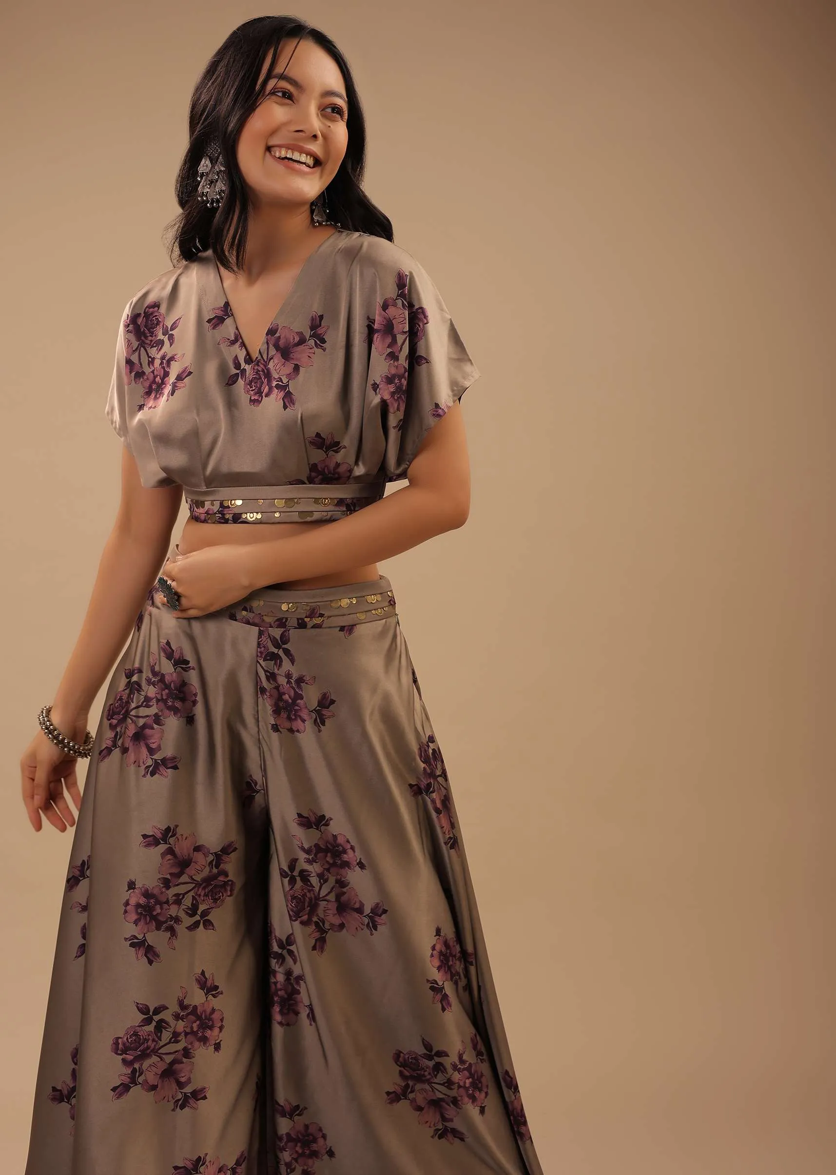 Ginger Grey Satin Blouse And High Low Palazzo Pants With Floral Prints