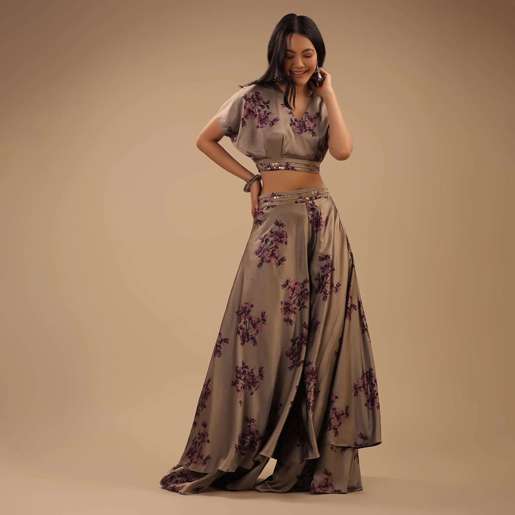 Ginger Grey Satin Blouse And High Low Palazzo Pants With Floral Prints