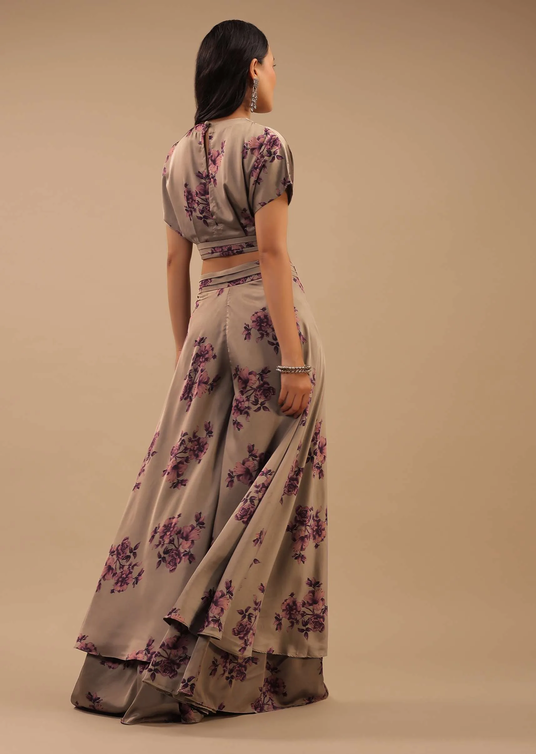 Ginger Grey Satin Blouse And High Low Palazzo Pants With Floral Prints