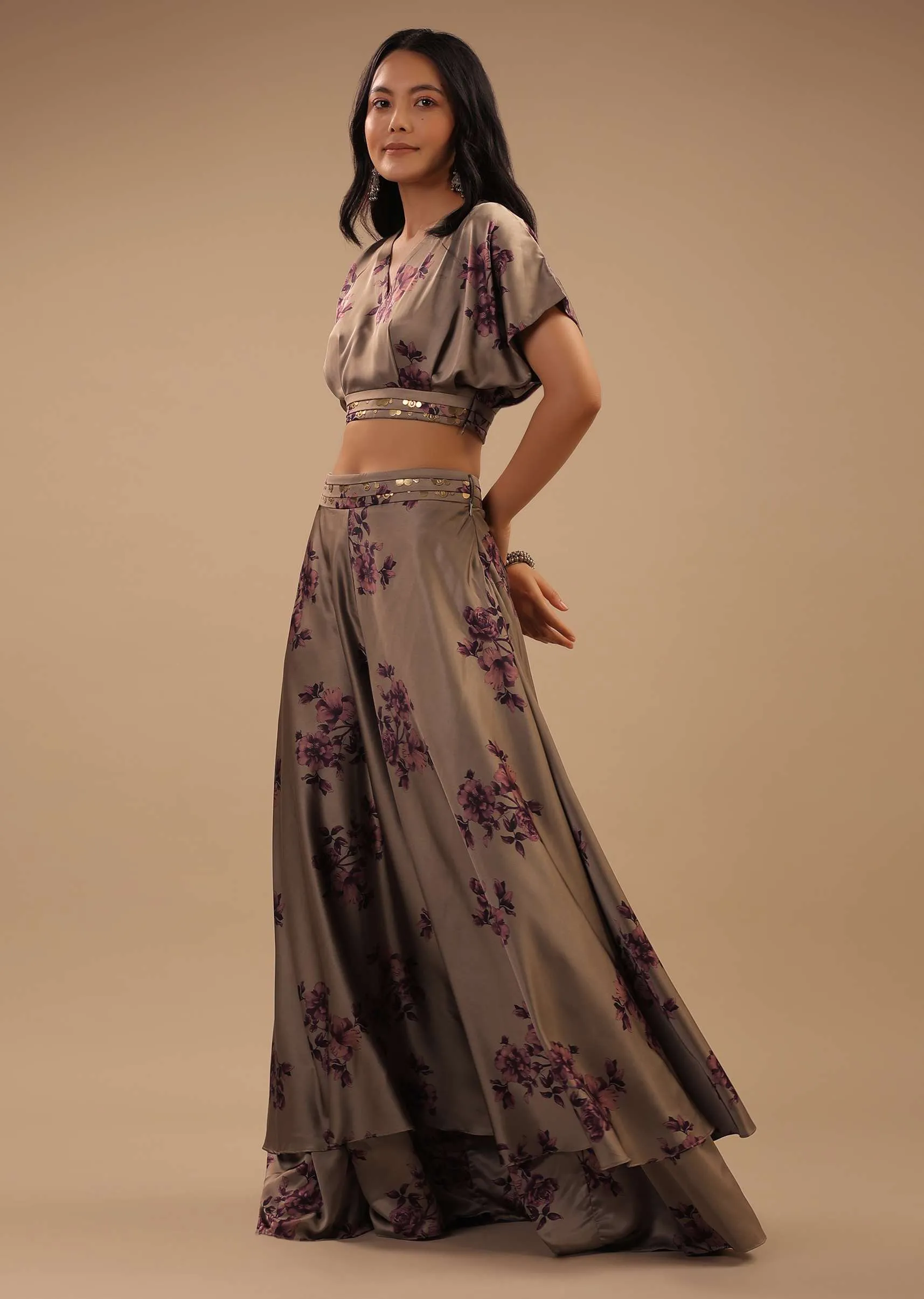 Ginger Grey Satin Blouse And High Low Palazzo Pants With Floral Prints