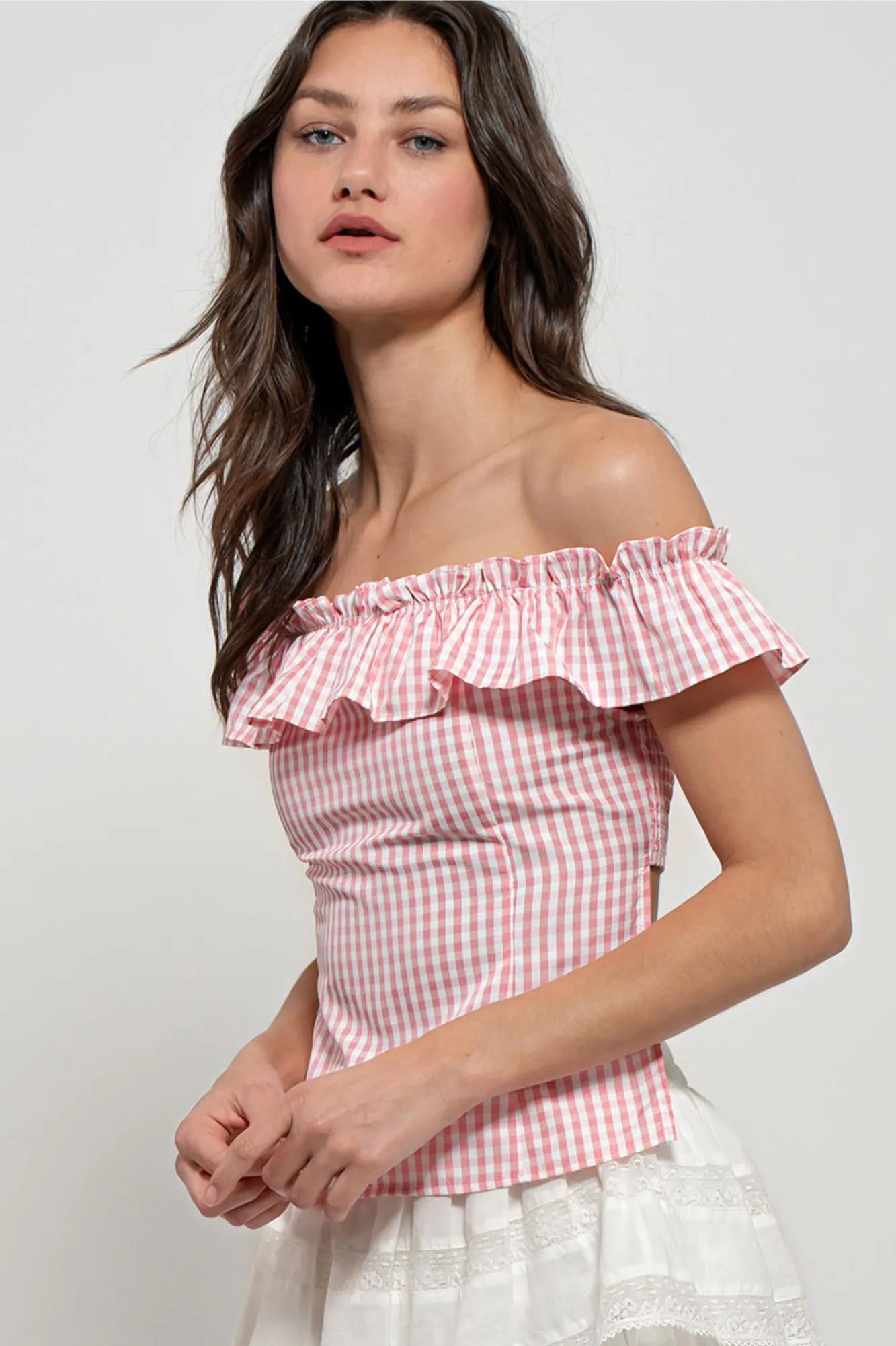Gingham Ruffle Open Back Top Pink