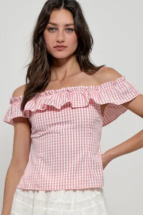 Gingham Ruffle Open Back Top Pink