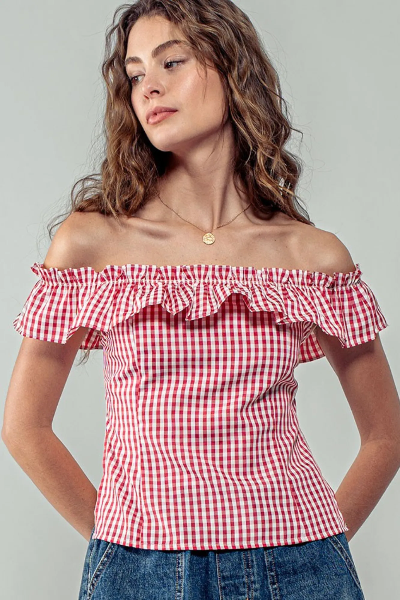 Gingham Ruffle Open Back Top Red