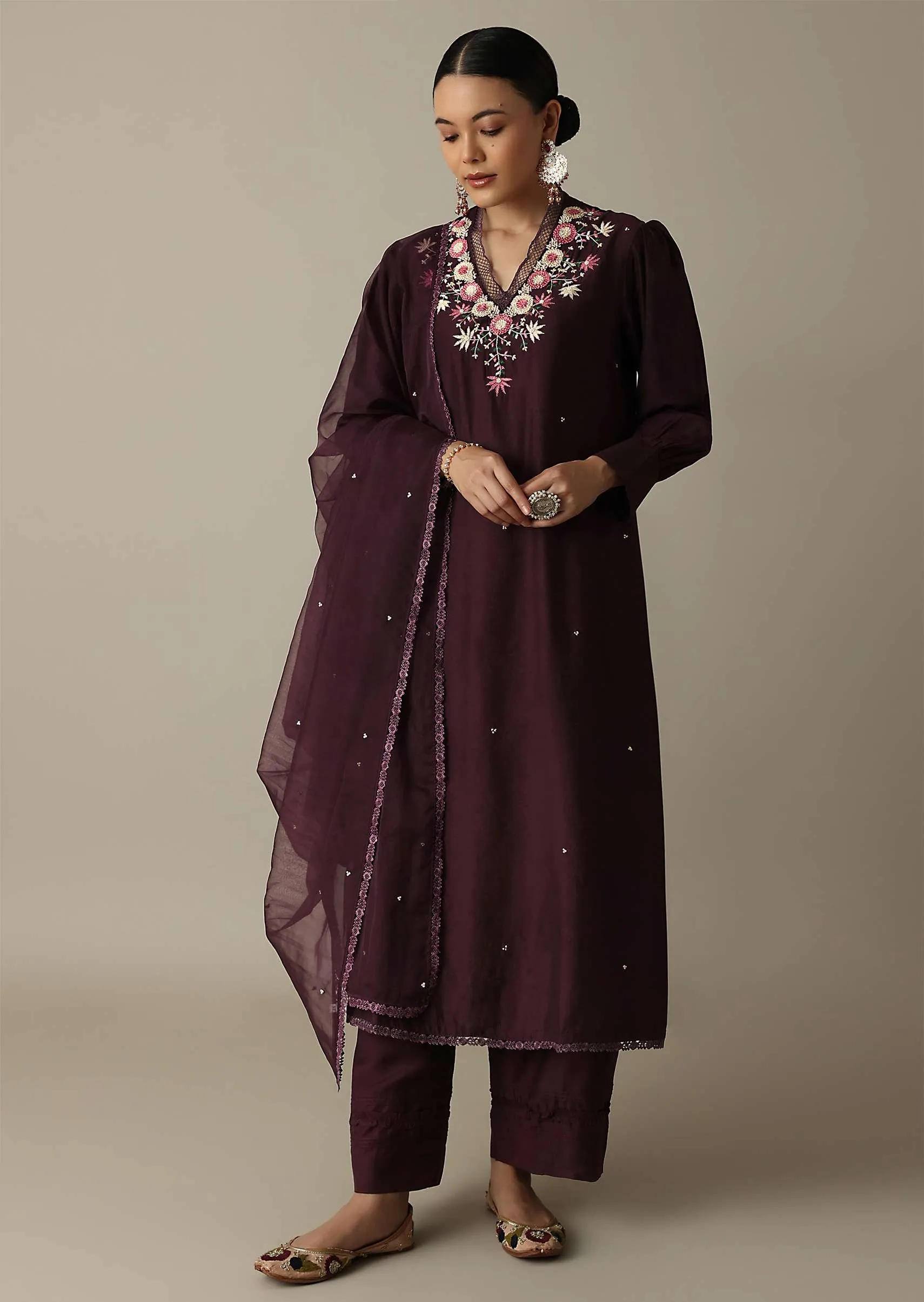Gorgeous Brown Silk Kurti Set With Beaded Detailing
