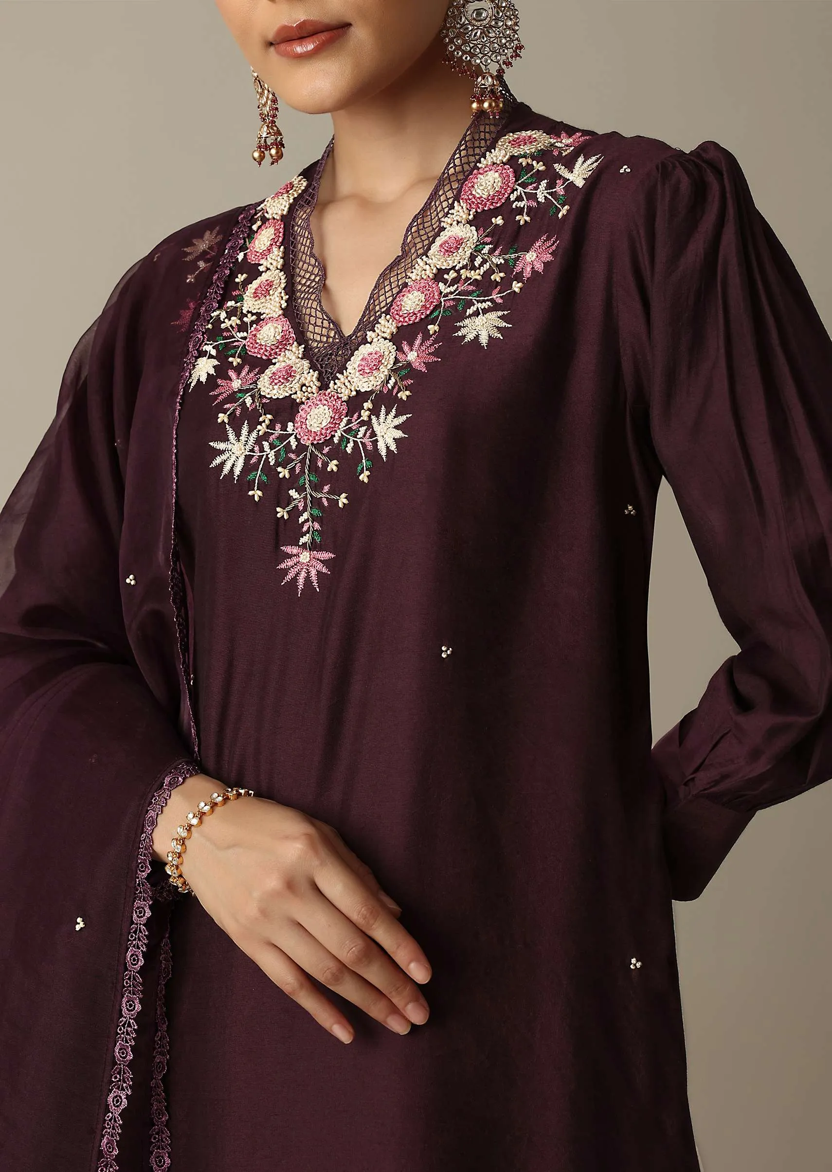 Gorgeous Brown Silk Kurti Set With Beaded Detailing
