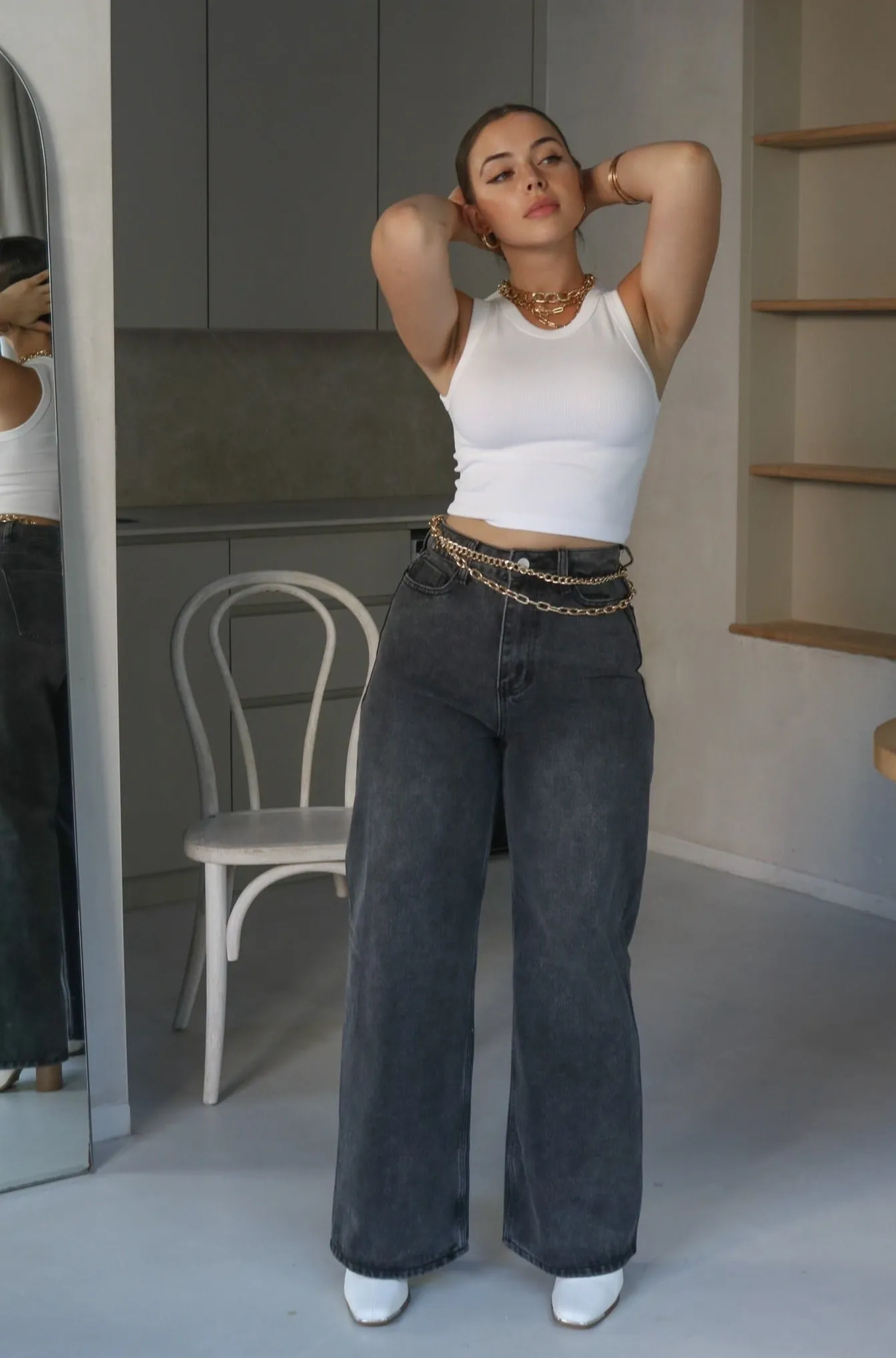 'James' High Waisted Wide Fit Washed Denim in Black