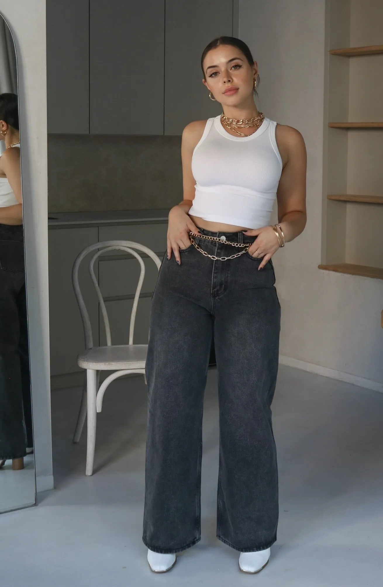 'James' High Waisted Wide Fit Washed Denim in Black