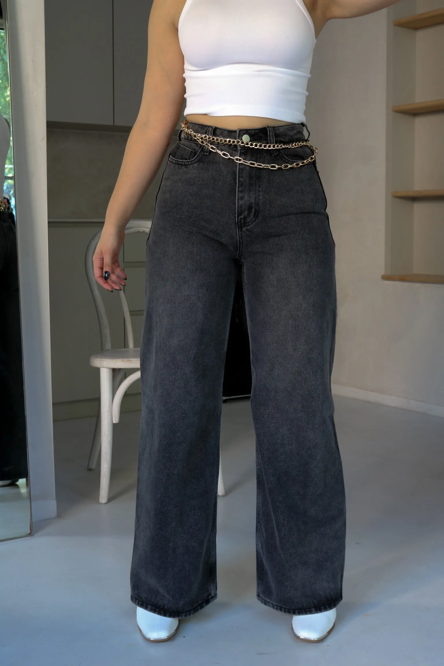 'James' High Waisted Wide Fit Washed Denim in Black