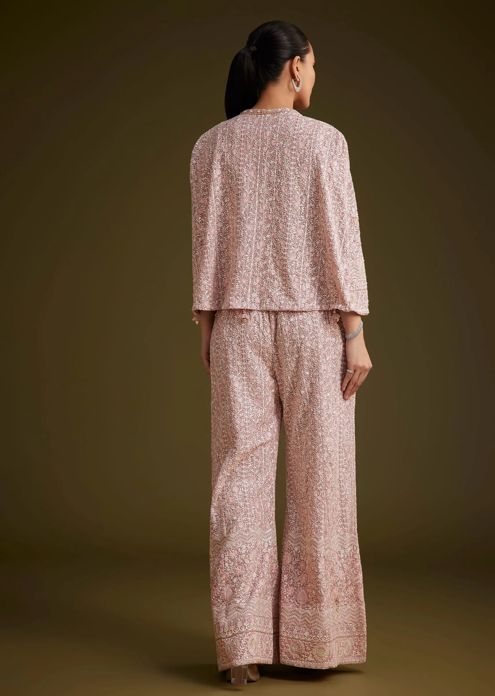 Lavender Georgette Palazzo Set And Lucknowi Cape