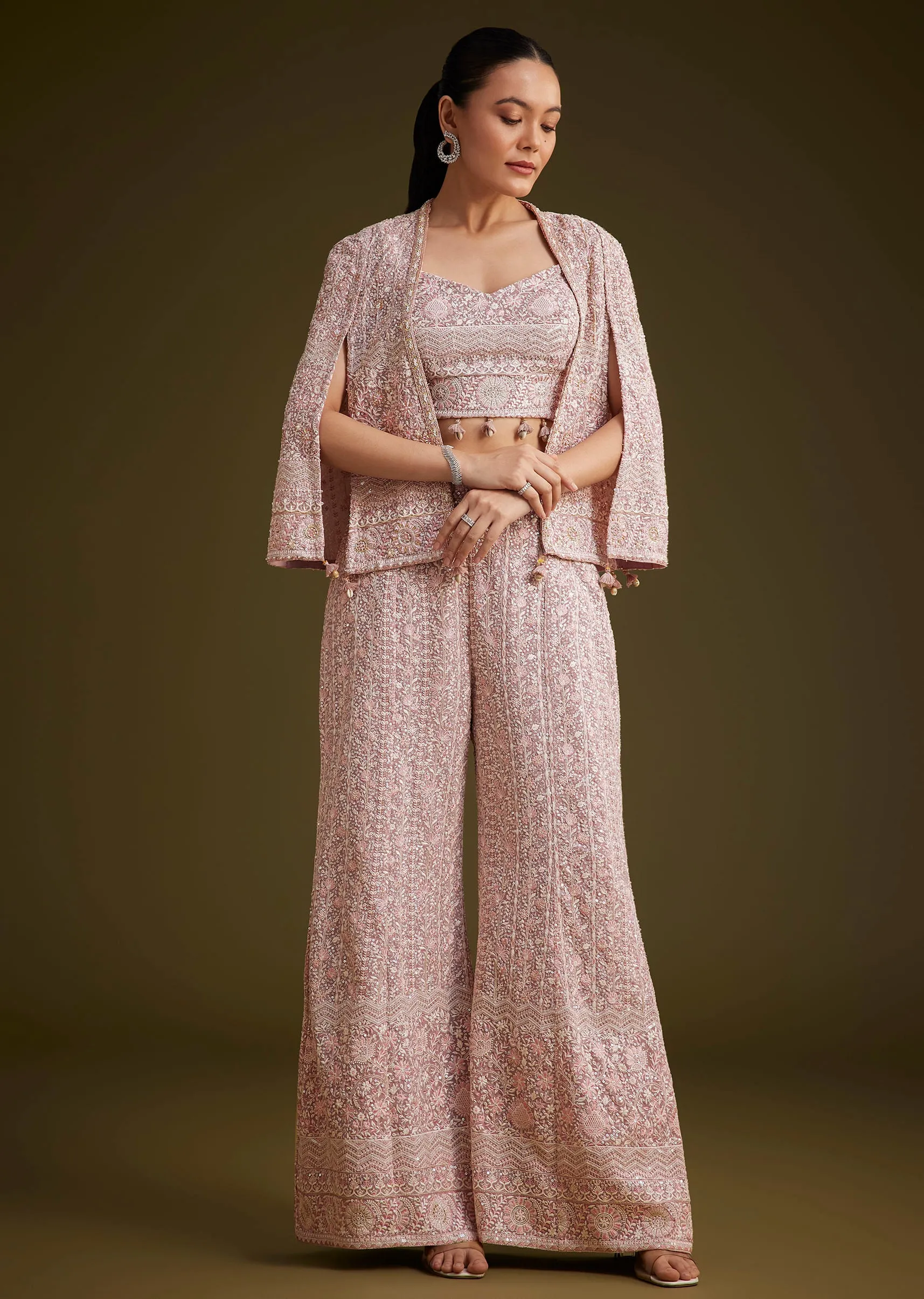 Lavender Georgette Palazzo Set And Lucknowi Cape