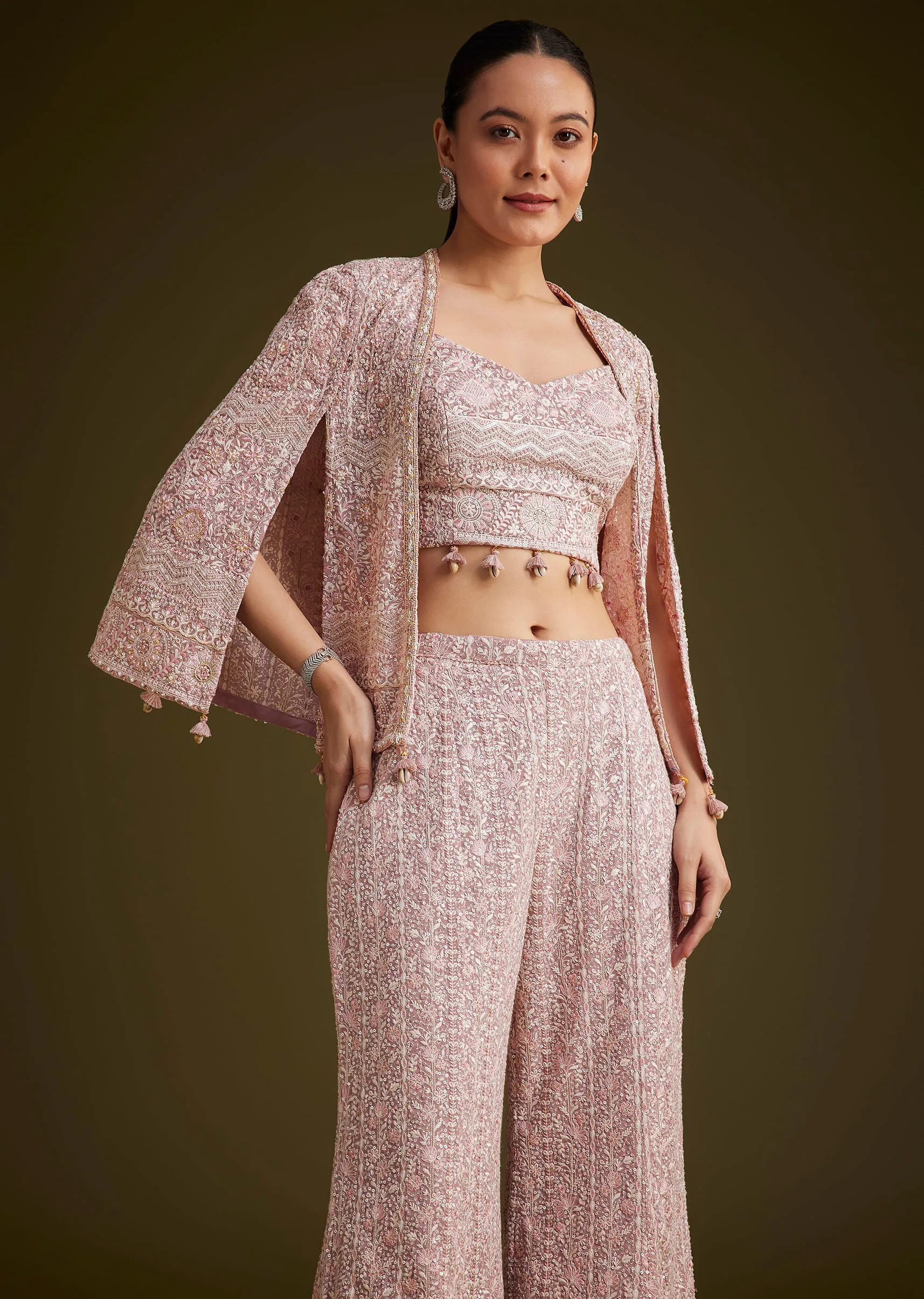 Lavender Georgette Palazzo Set And Lucknowi Cape