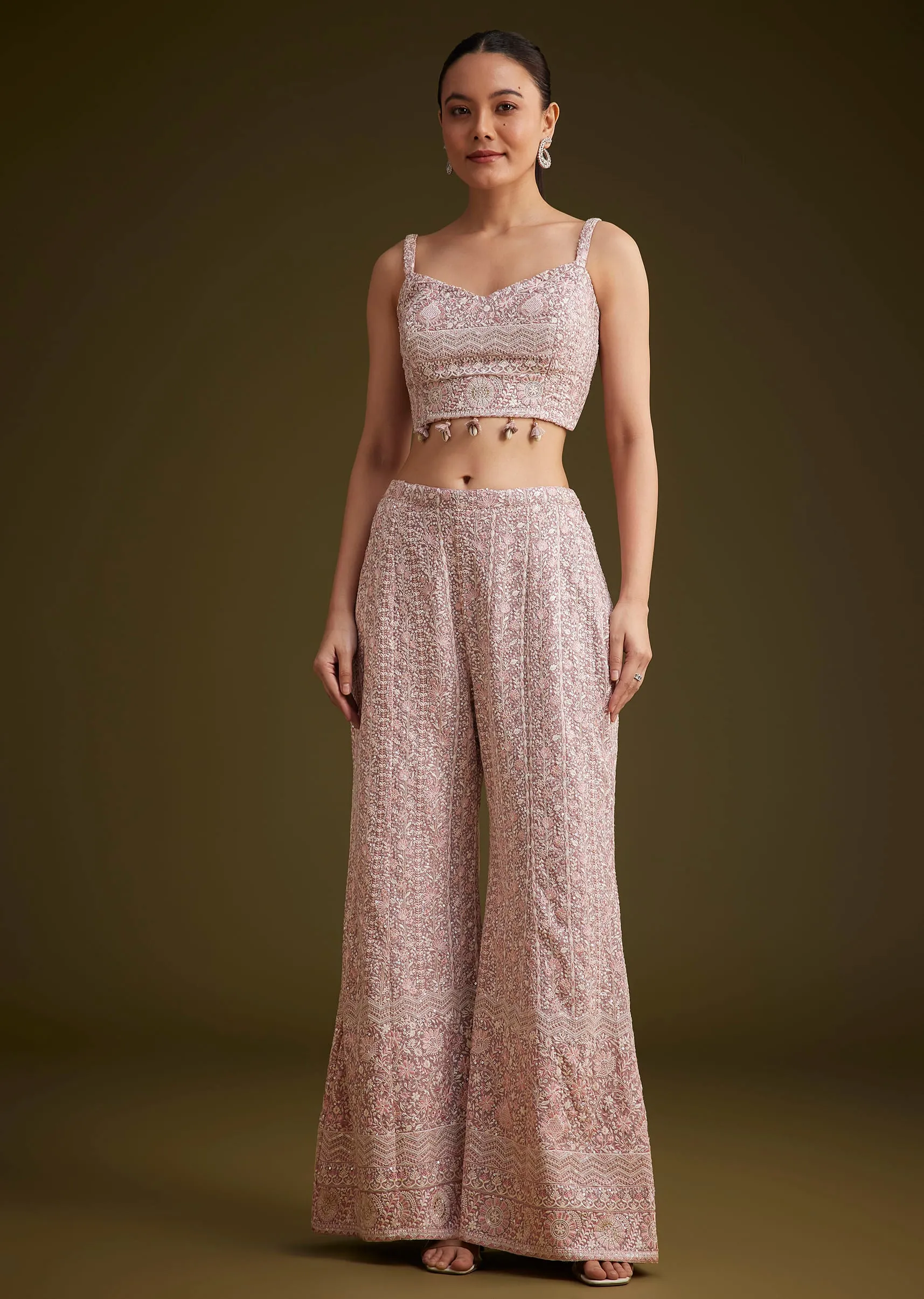Lavender Georgette Palazzo Set And Lucknowi Cape