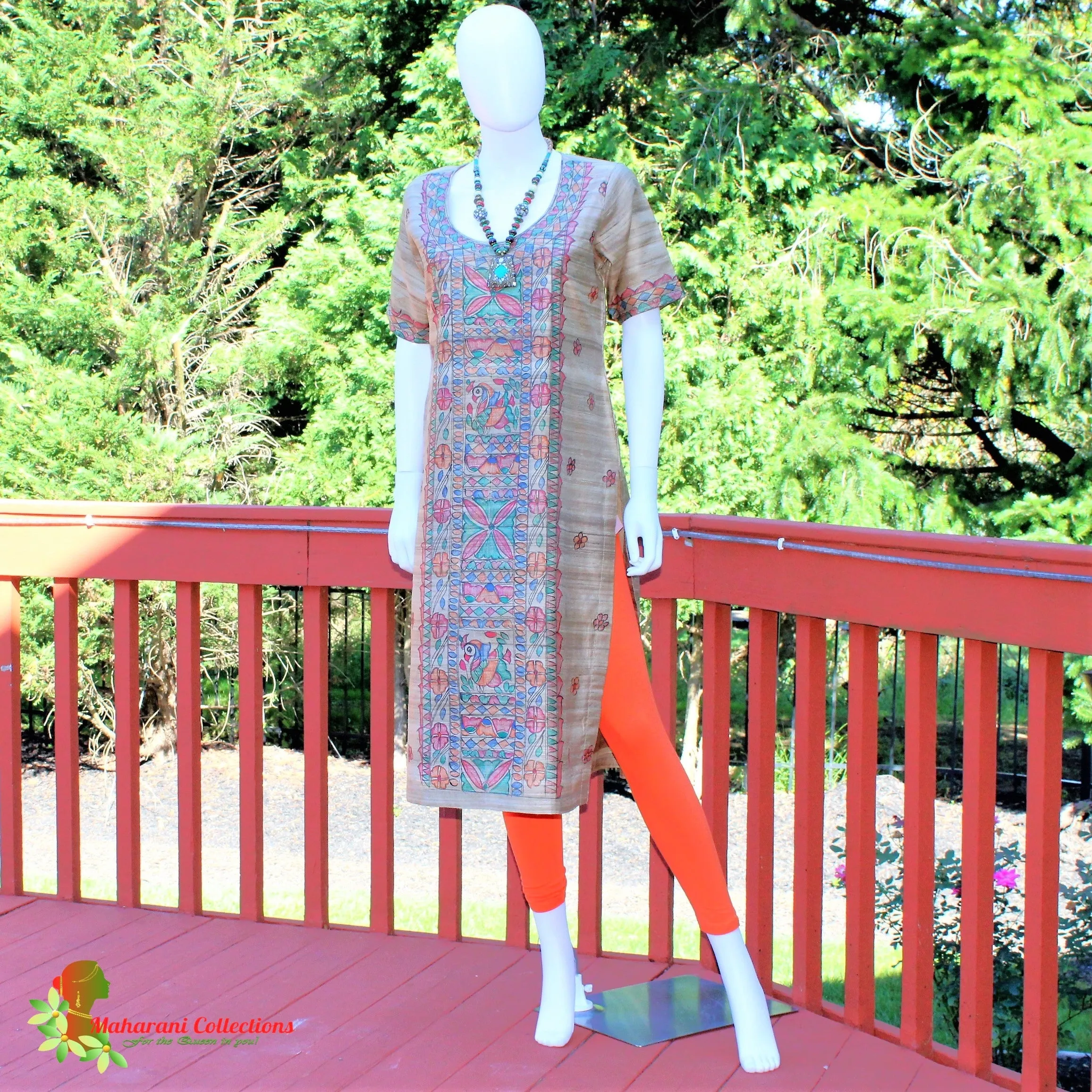 Maharani's Finest Silk Pant Suit - Pure Bhagalpur Tussar Silk - Khaki (M)