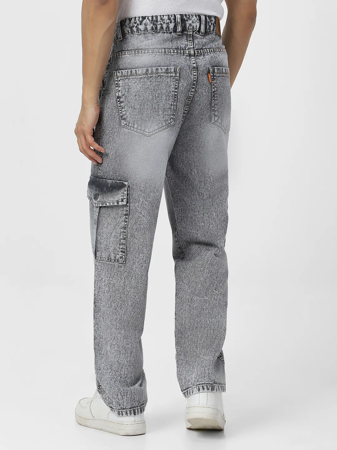 Men's Ice Grey Loose Fit Cargo Jeans With 6 Pockets Non Stretchable
