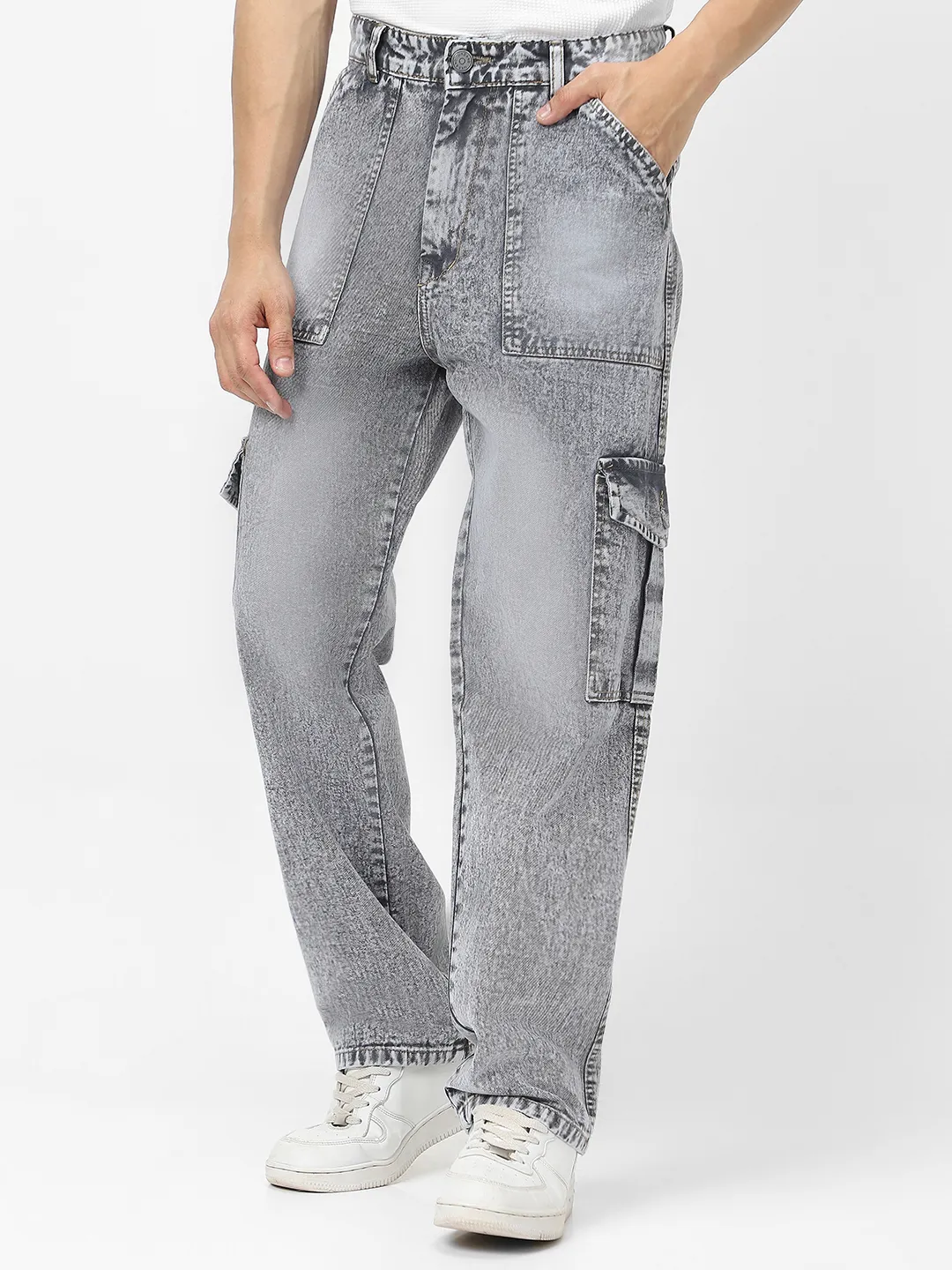 Men's Ice Grey Loose Fit Cargo Jeans With 6 Pockets Non Stretchable