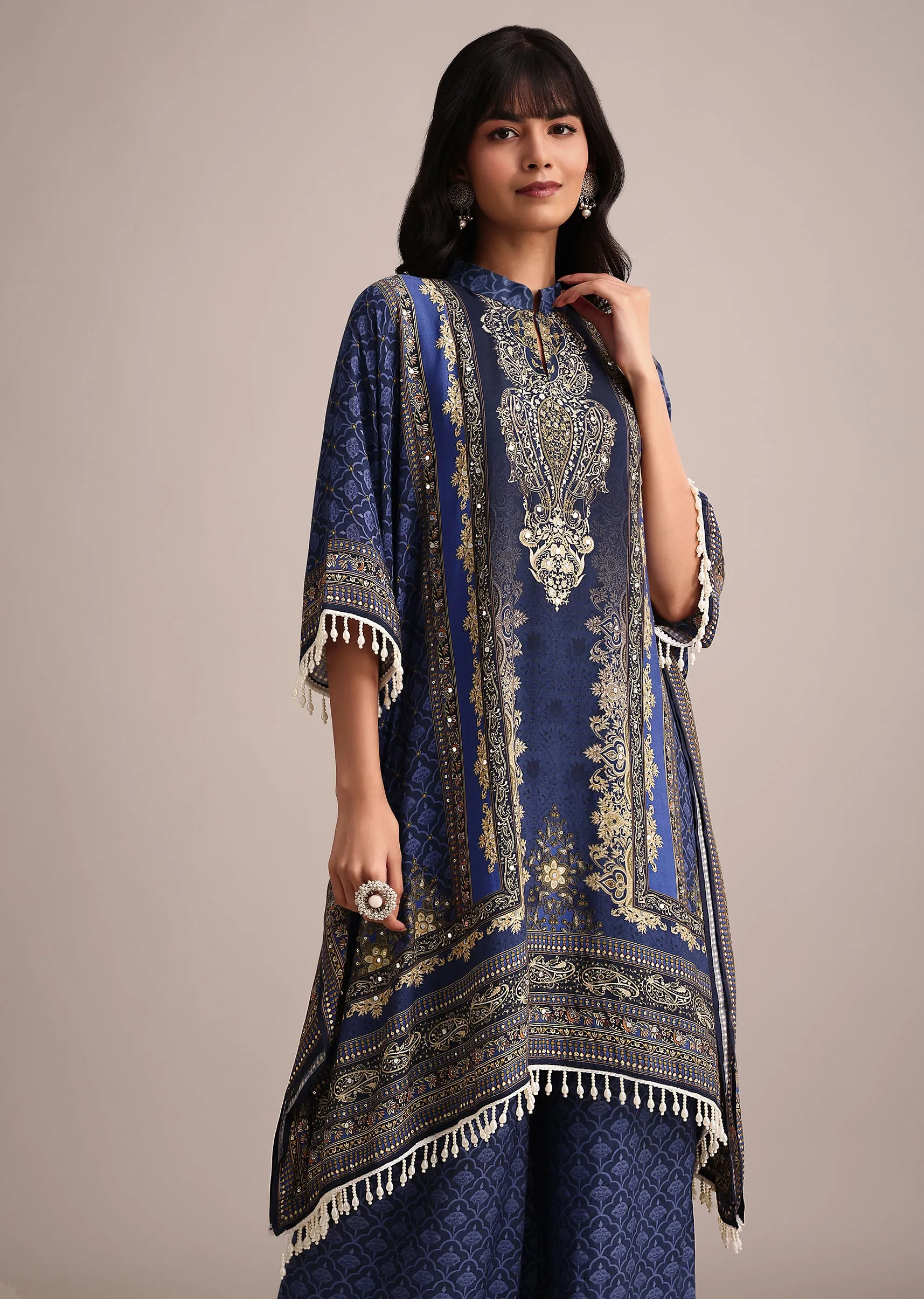 Navy Blue Printed Kurta Palazzo Set