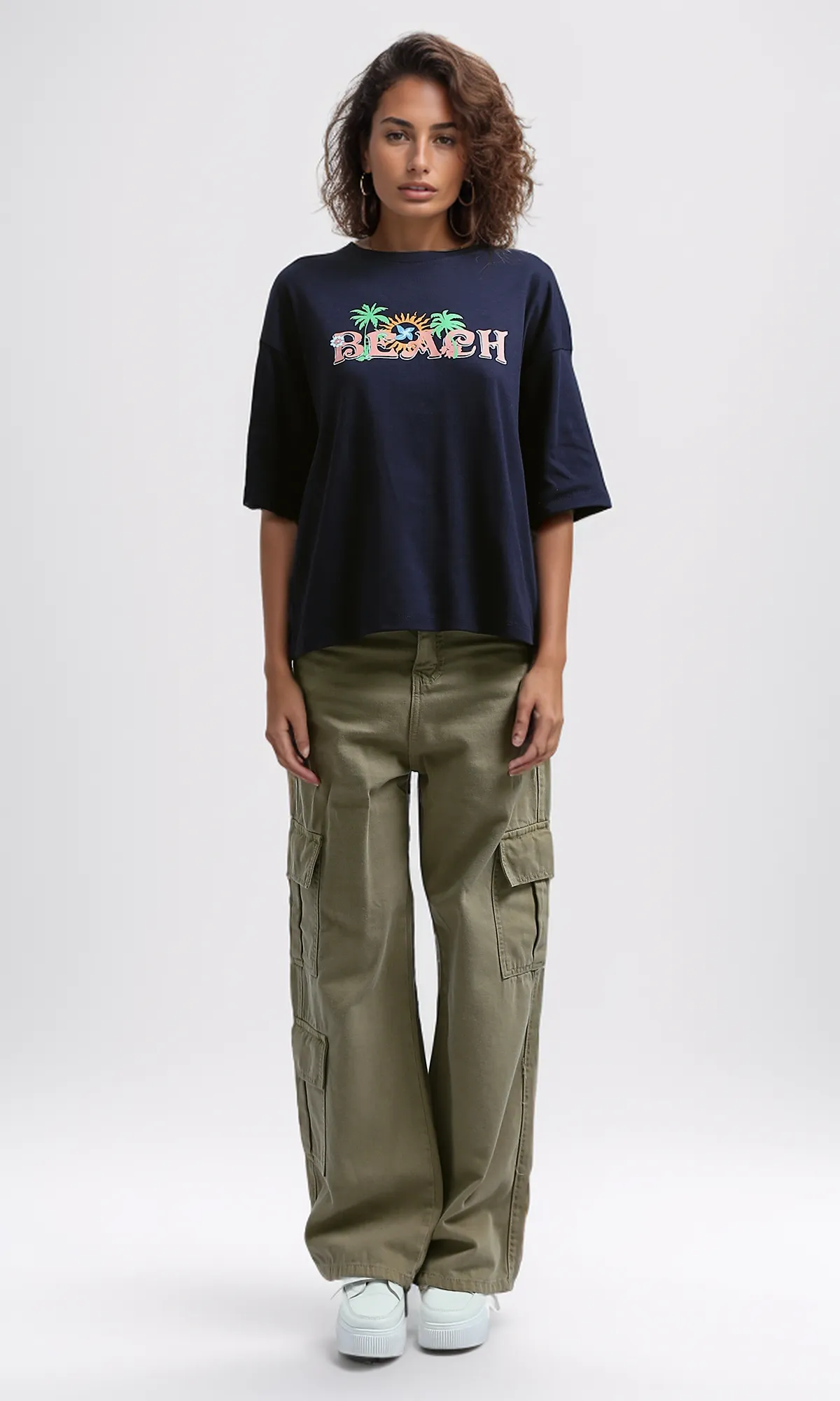 O191671 Printed "Beach" Slip On Cotton Elbow Sleeves Tee