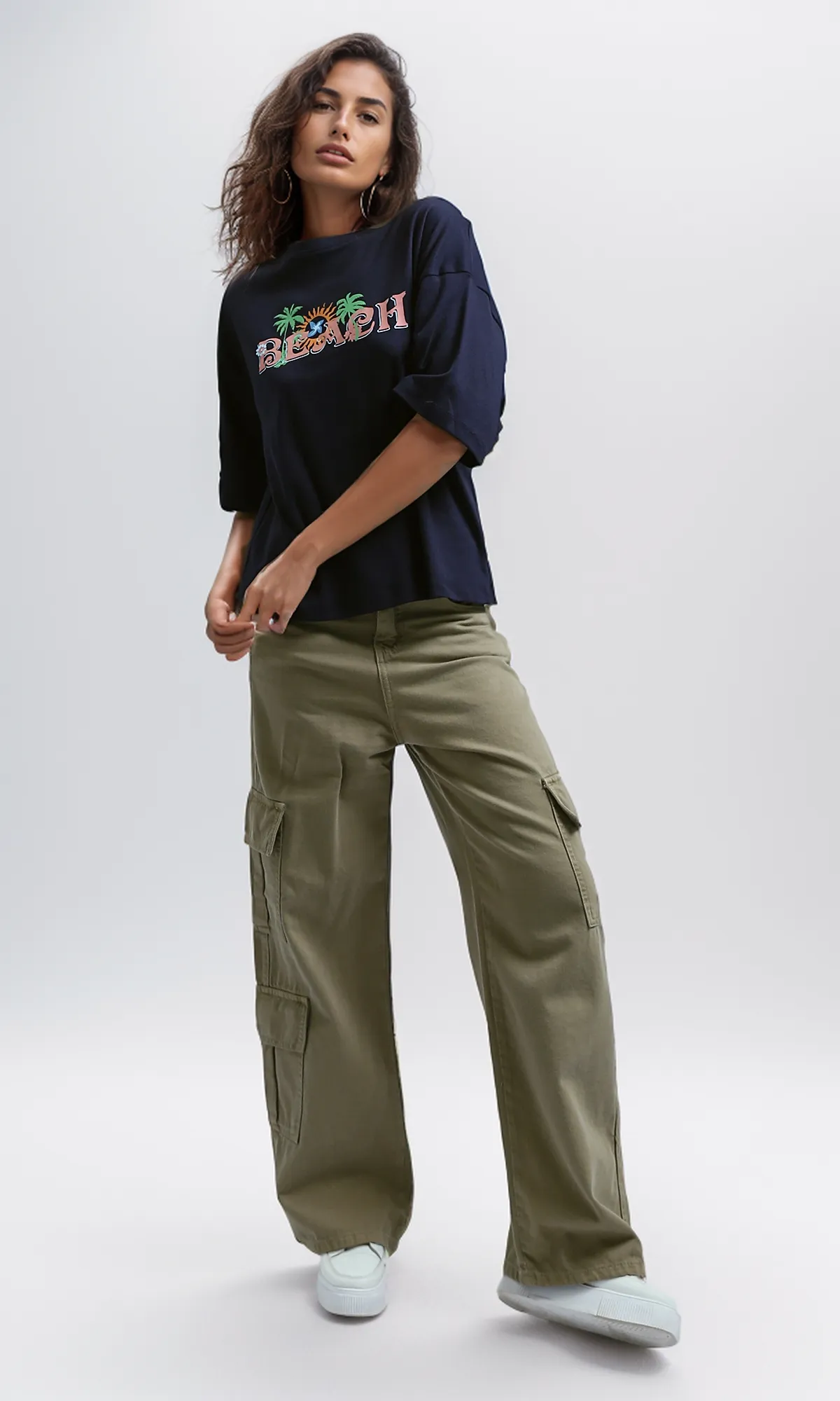 O191671 Printed "Beach" Slip On Cotton Elbow Sleeves Tee
