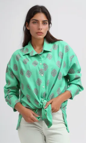 O193473 Green Summer Long Sleeve Slef Patterned Shirt