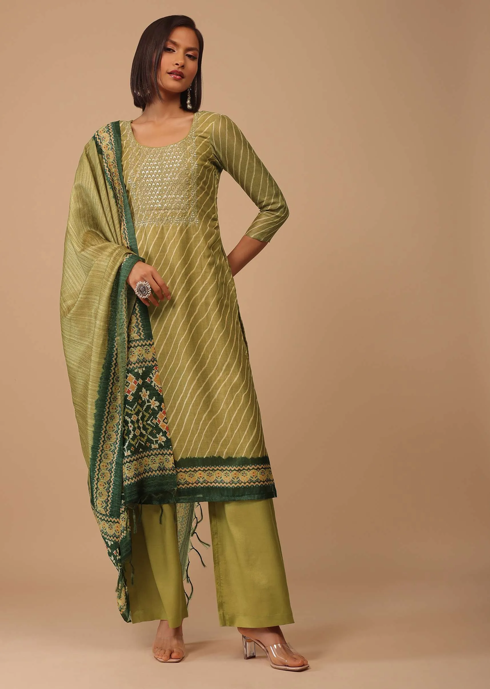 Olive Green Embroidered Leheriya Printed Chanderi Palazzo Suit With Printed Dupatta