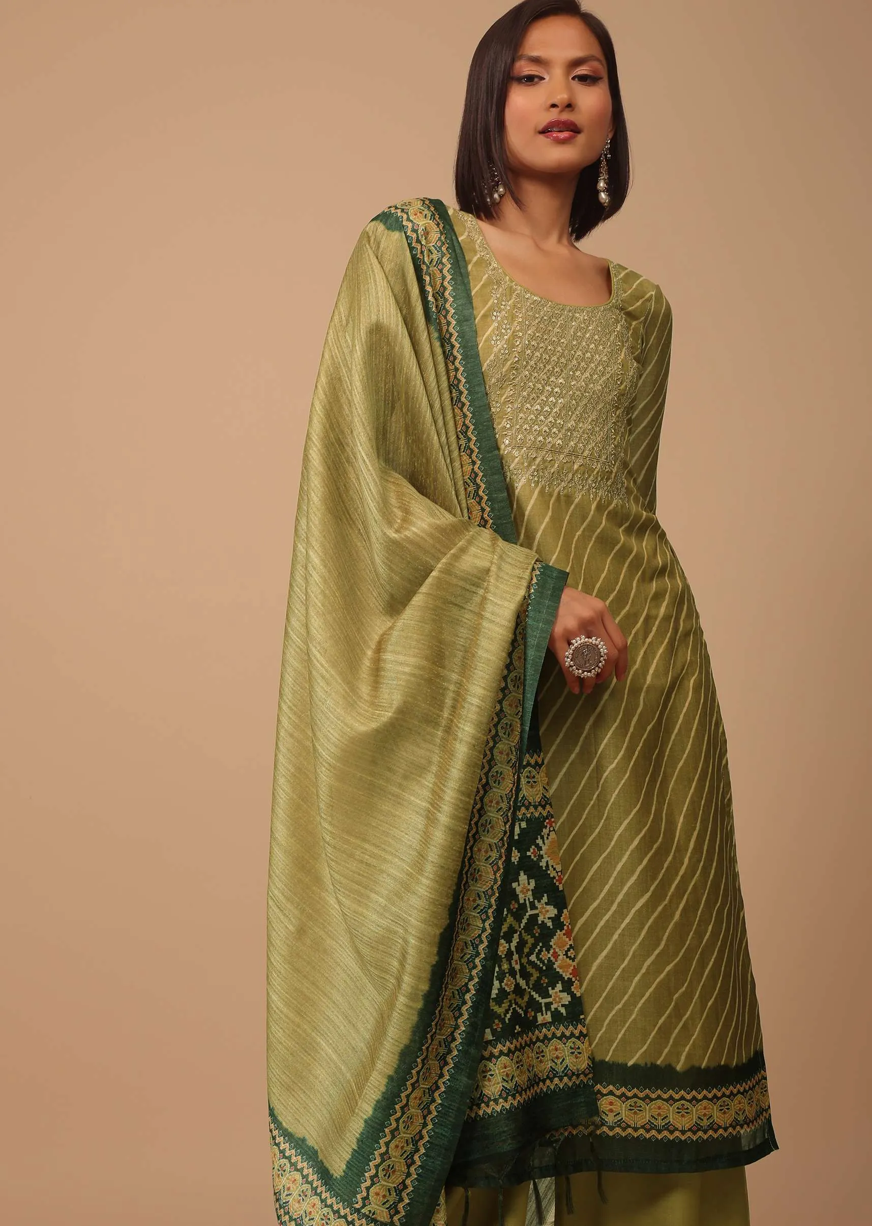 Olive Green Embroidered Leheriya Printed Chanderi Palazzo Suit With Printed Dupatta