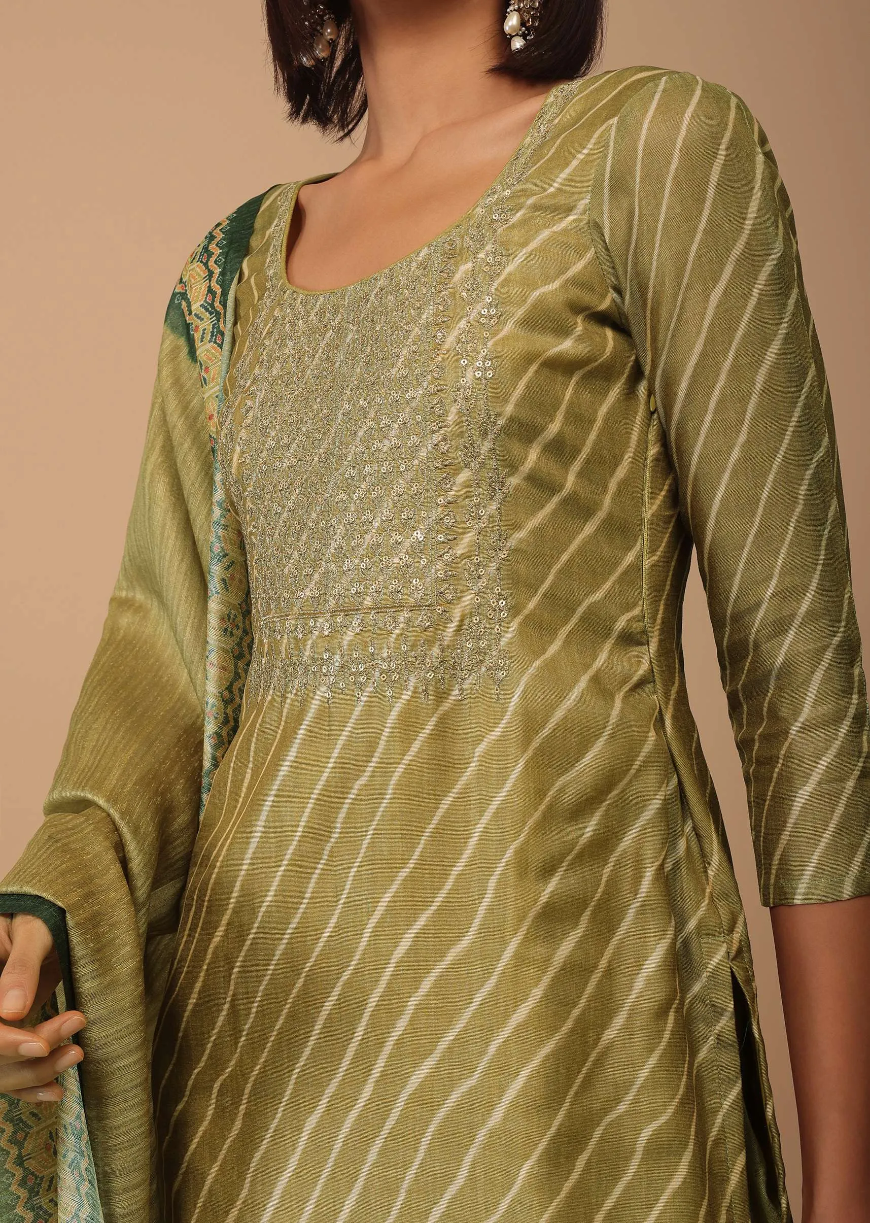Olive Green Embroidered Leheriya Printed Chanderi Palazzo Suit With Printed Dupatta