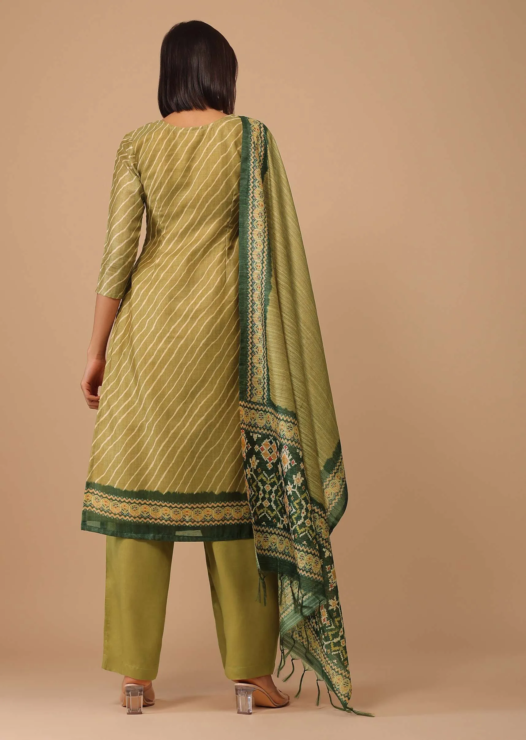Olive Green Embroidered Leheriya Printed Chanderi Palazzo Suit With Printed Dupatta