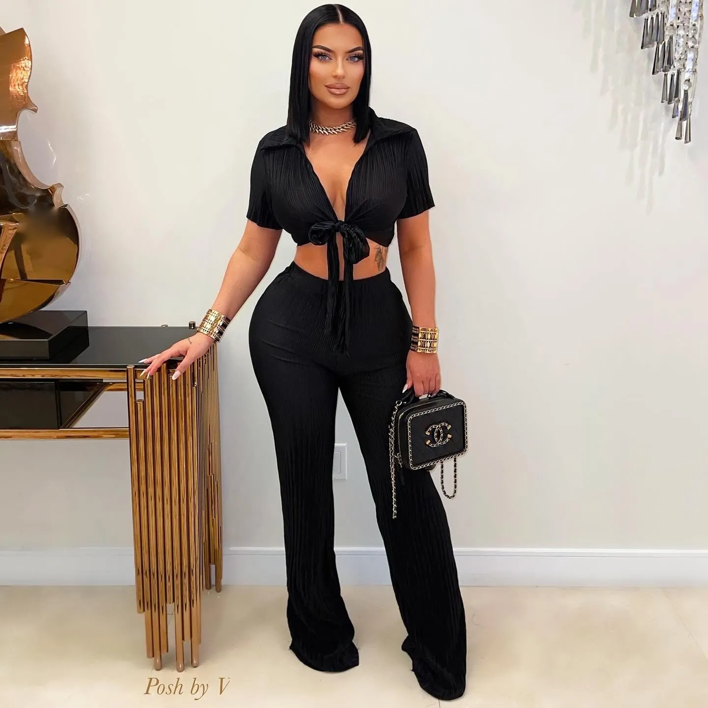 Reina palazzo pants set (Black)