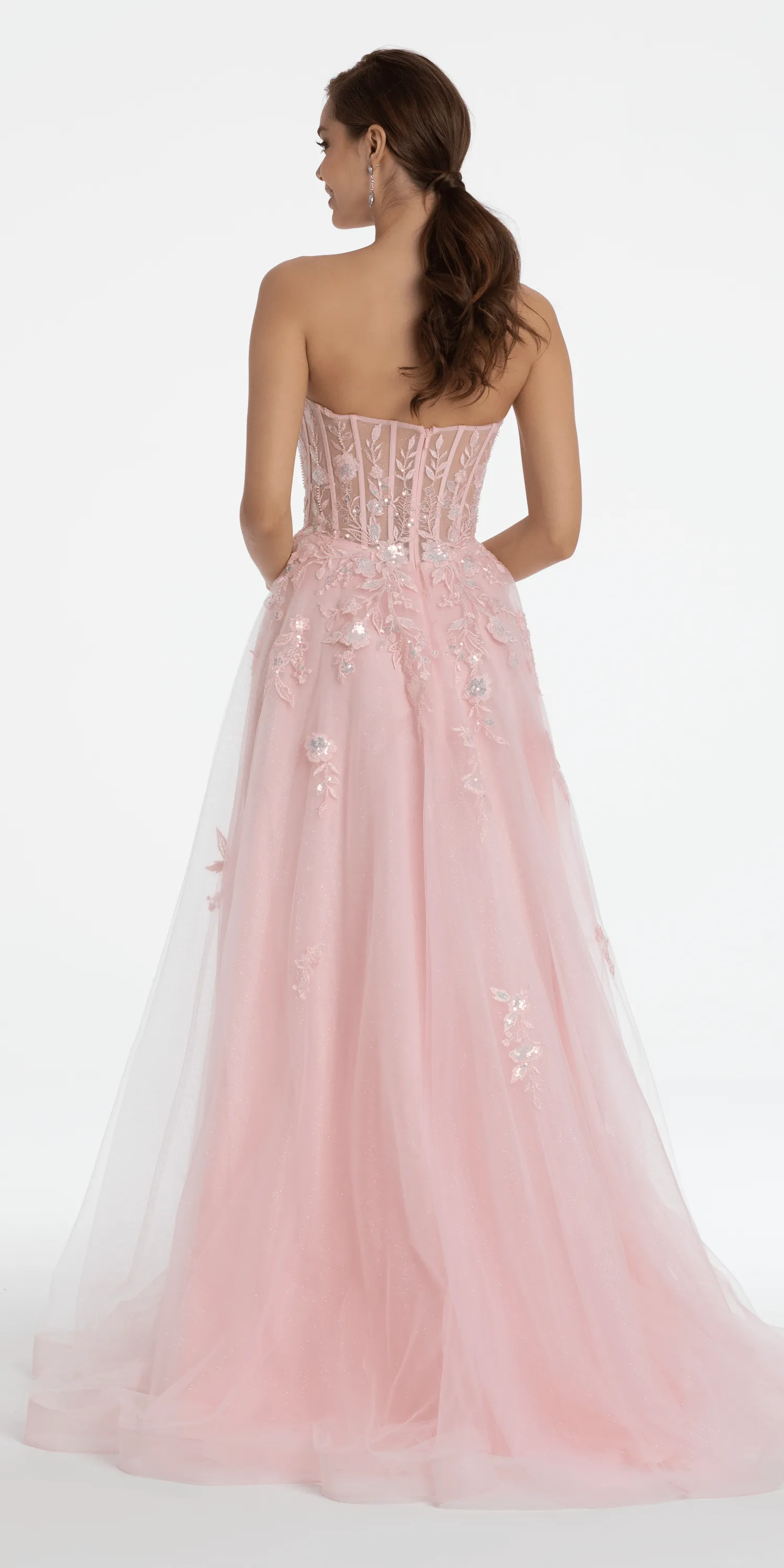 Sequin Applique Corset Plunge Tulle Ballgown