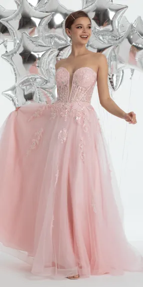 Sequin Applique Corset Plunge Tulle Ballgown