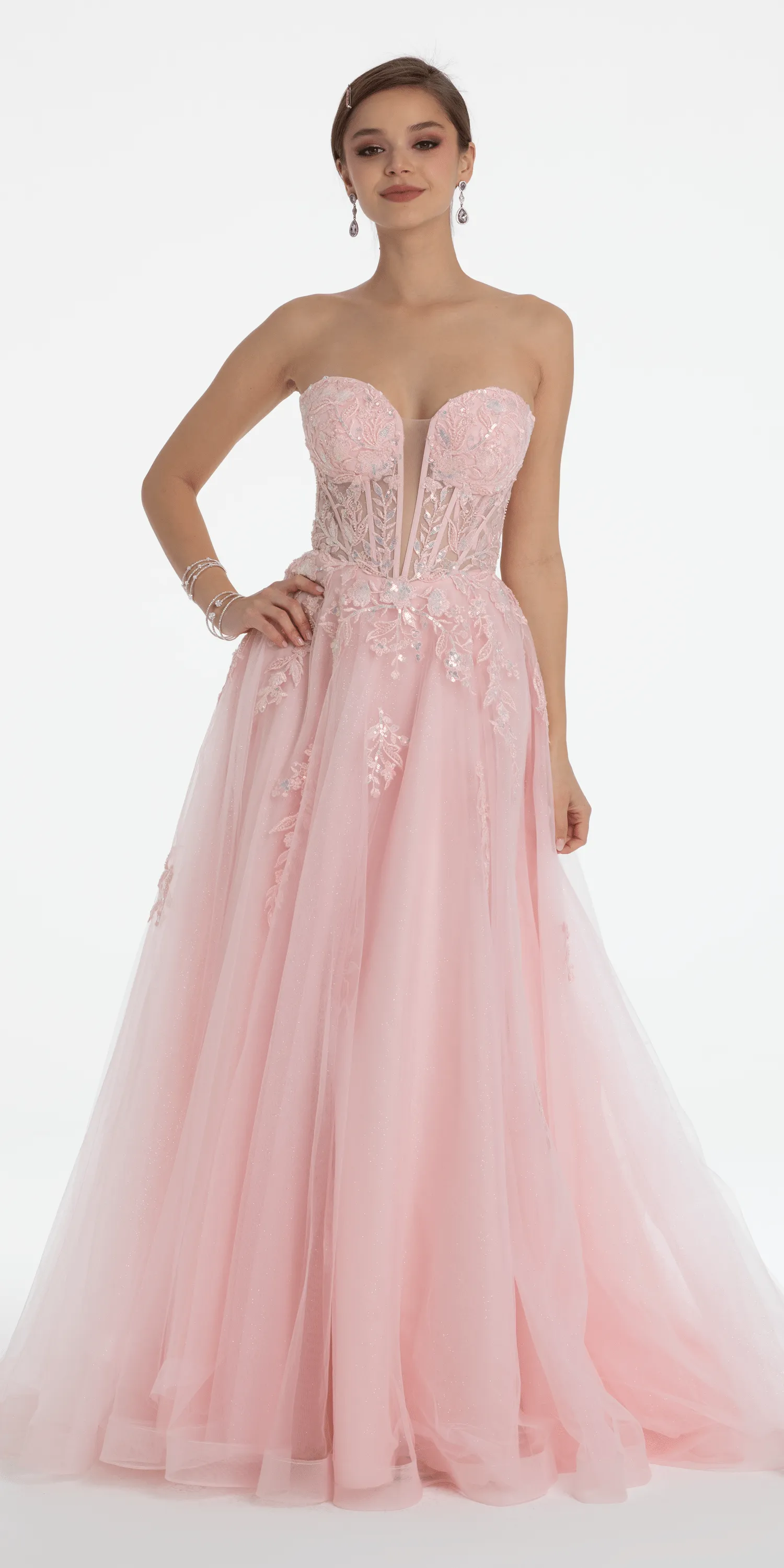 Sequin Applique Corset Plunge Tulle Ballgown
