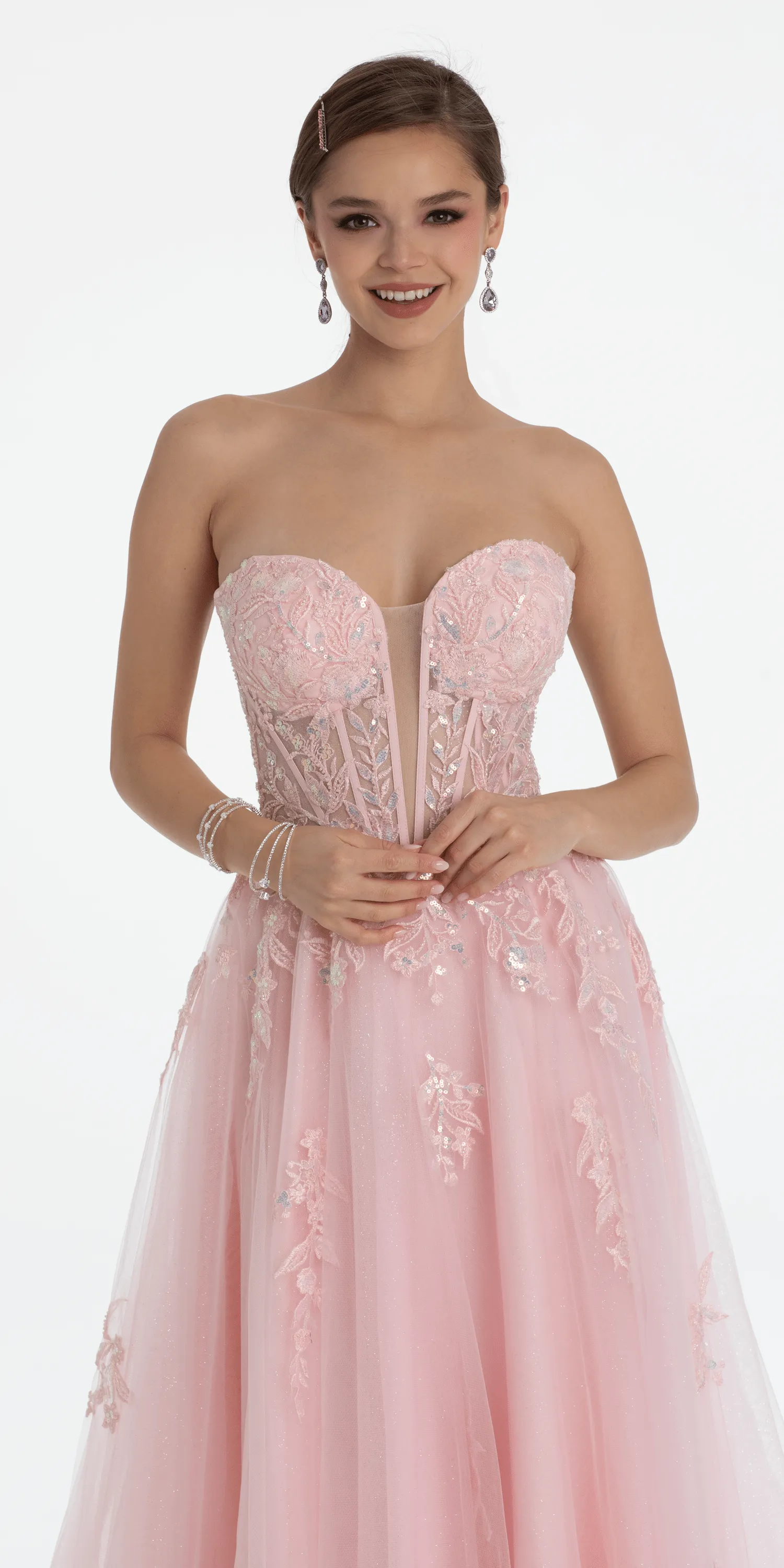 Sequin Applique Corset Plunge Tulle Ballgown