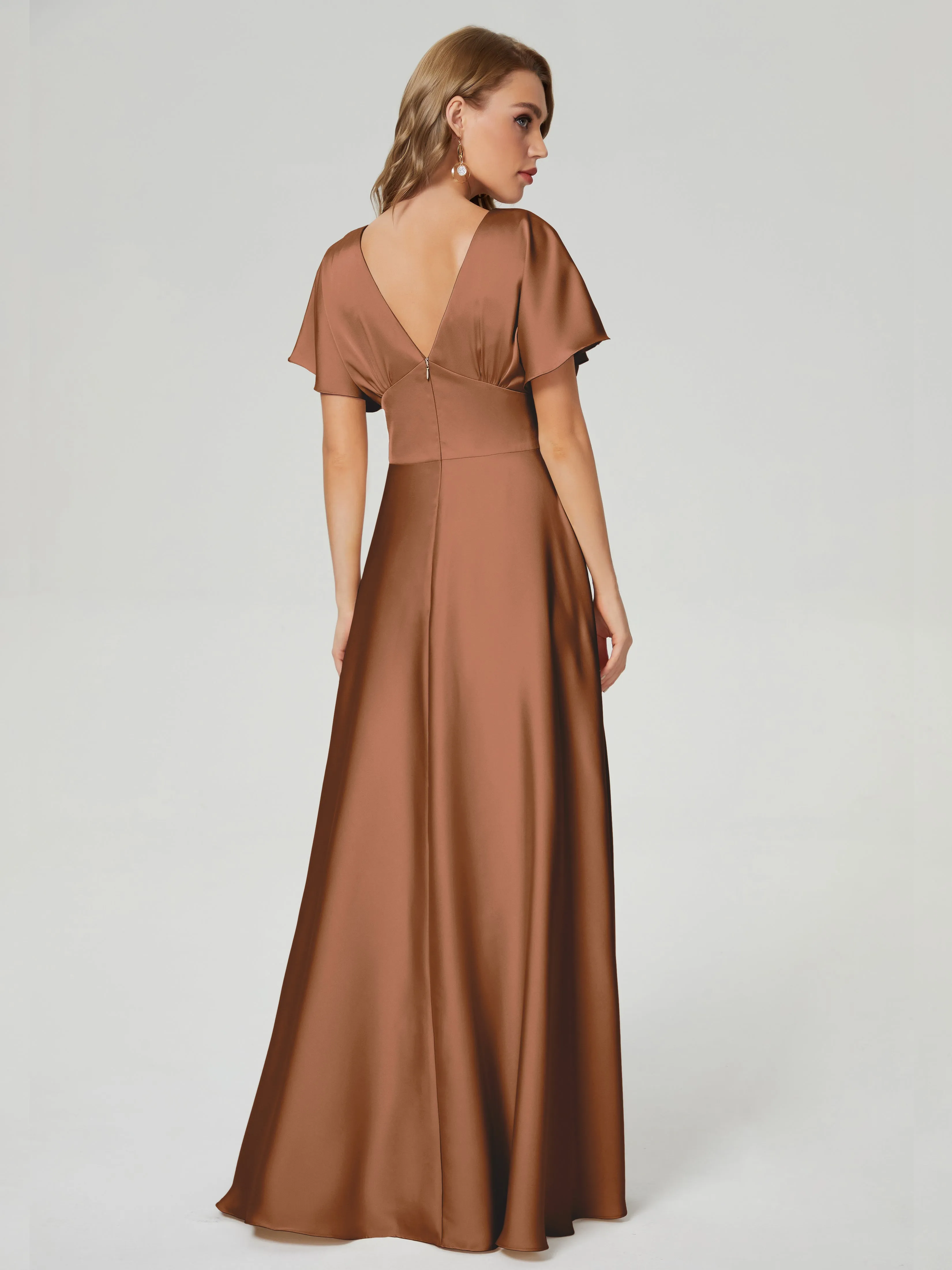 Terracotta Bridesmaid Dresses Ariah Modest V Neck Short Sleeves Soft Satin Dresses