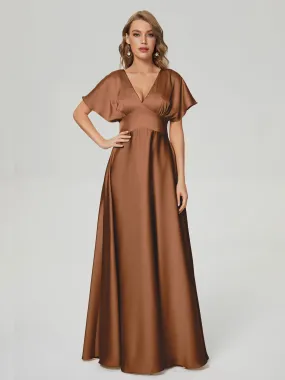 Terracotta Bridesmaid Dresses Ariah Modest V Neck Short Sleeves Soft Satin Dresses