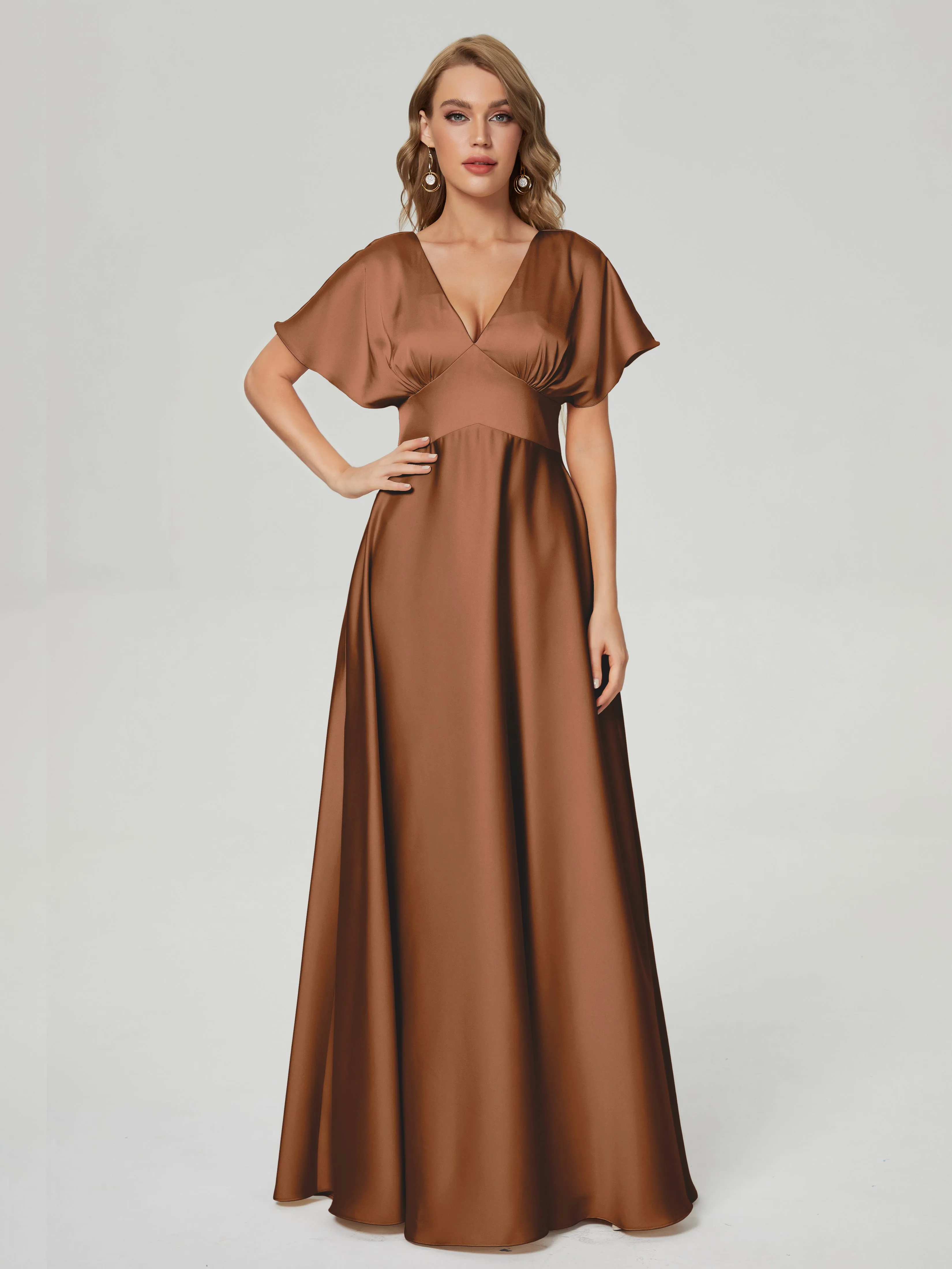 Terracotta Bridesmaid Dresses Ariah Modest V Neck Short Sleeves Soft Satin Dresses