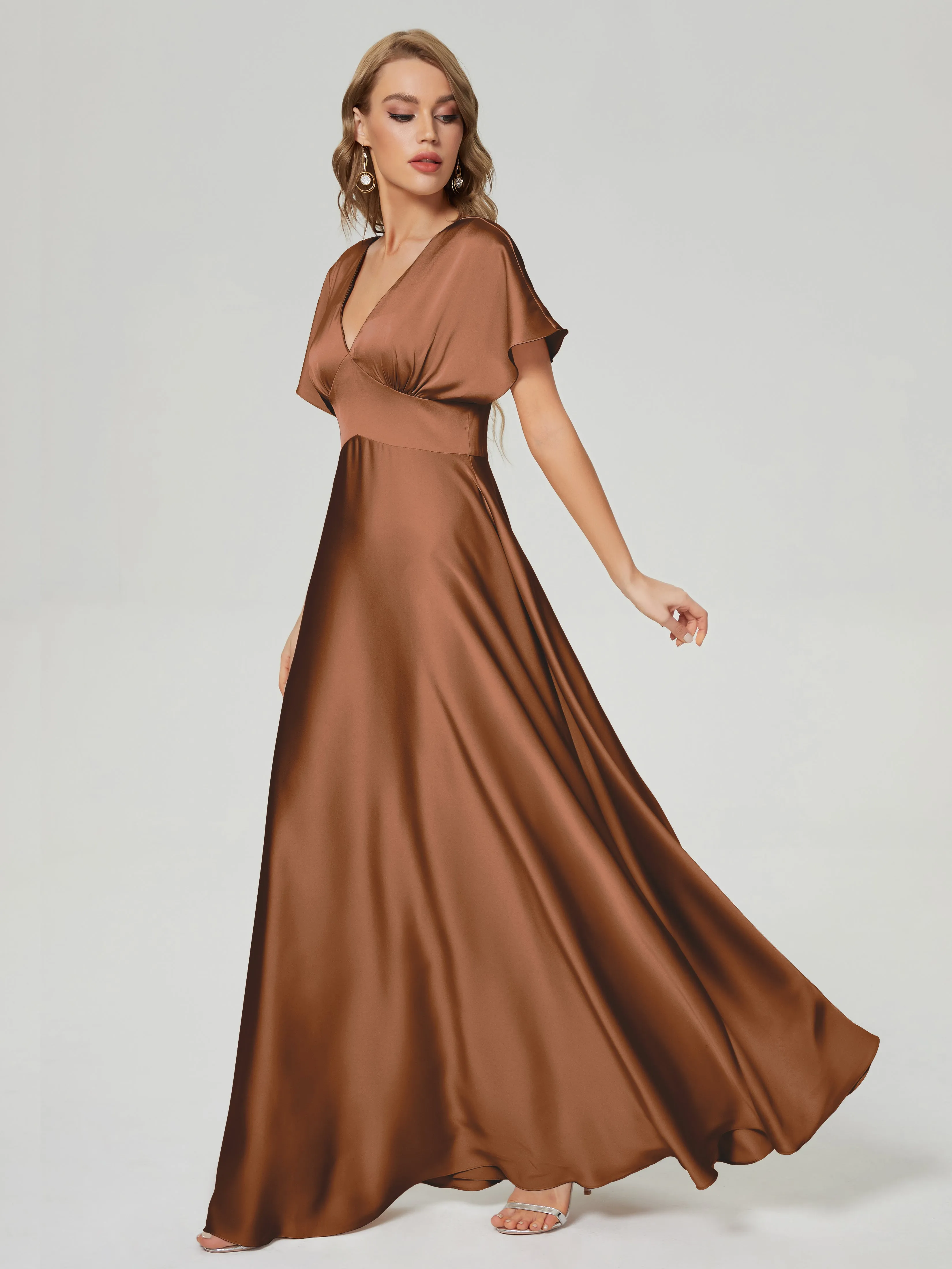 Terracotta Bridesmaid Dresses Ariah Modest V Neck Short Sleeves Soft Satin Dresses