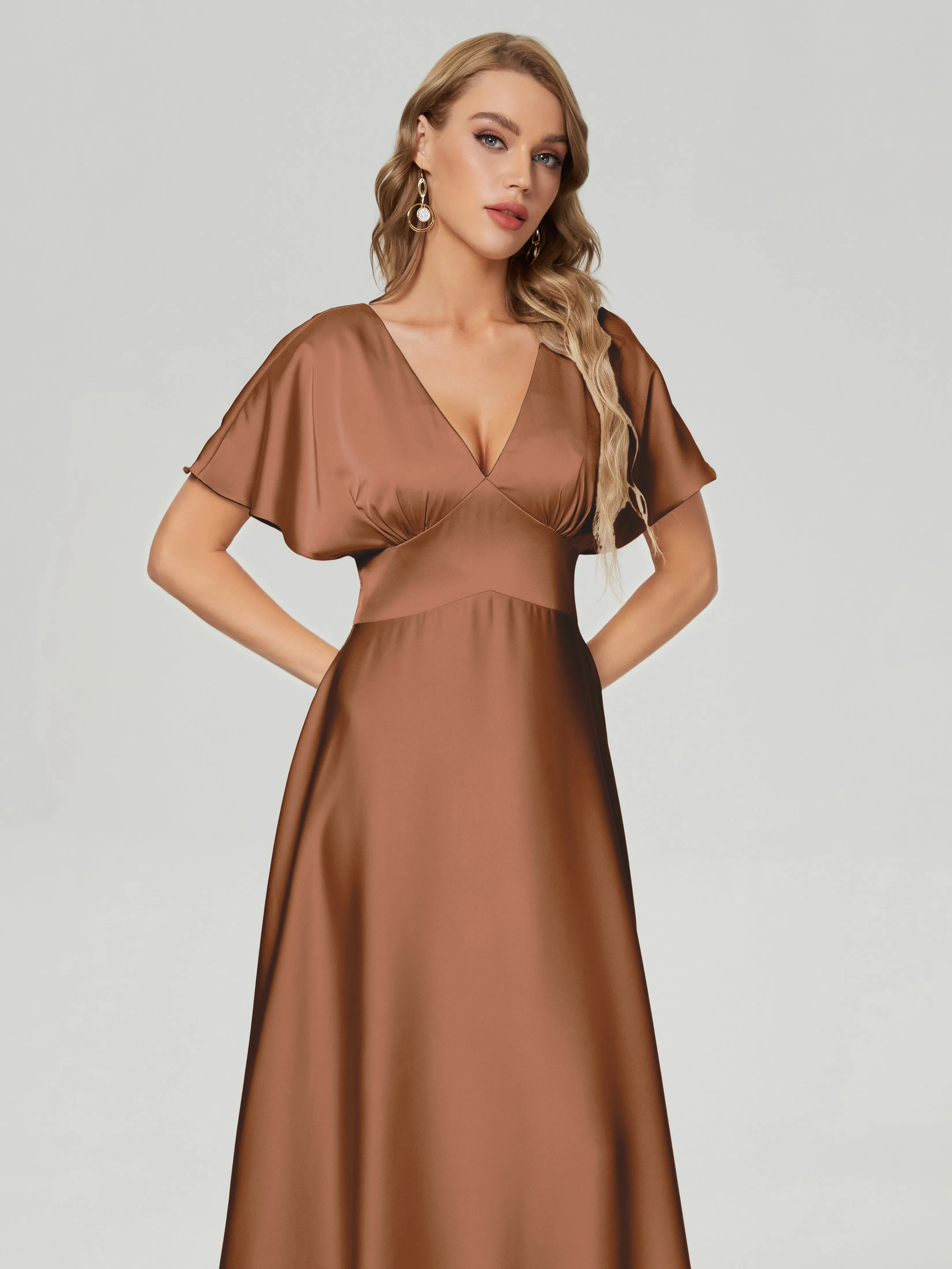 Terracotta Bridesmaid Dresses Ariah Modest V Neck Short Sleeves Soft Satin Dresses