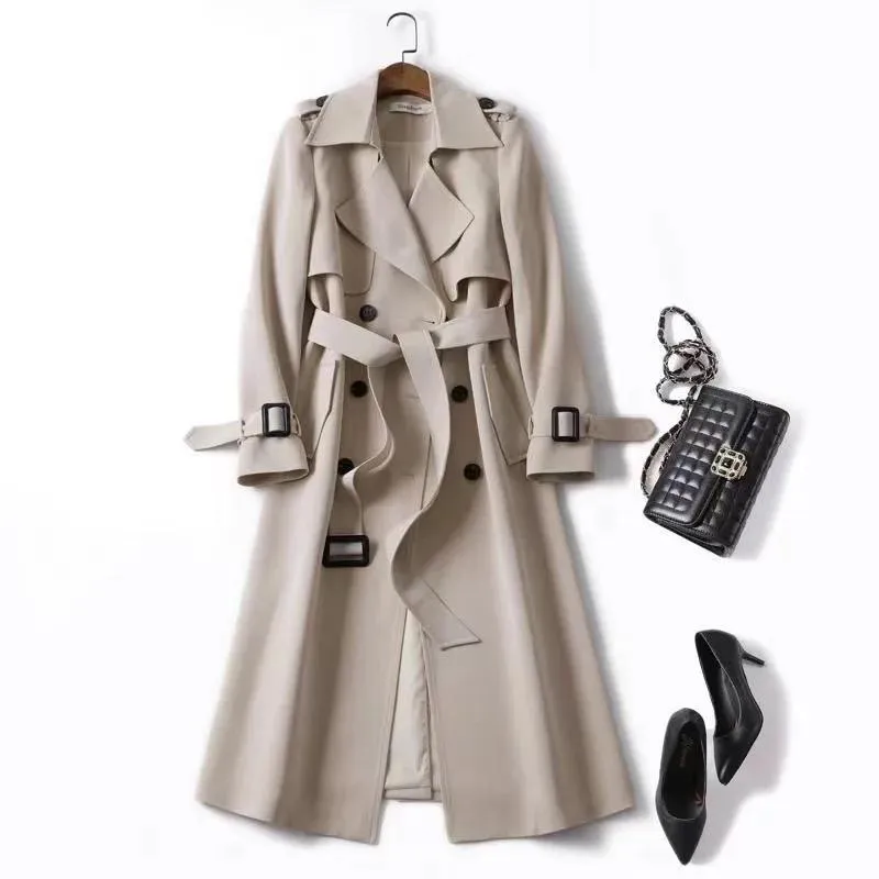 Windbreaker Autumn Winter Women Lapel Double Breasted Trench Coats Office Long Lining Korean Fashion Clothing 26820