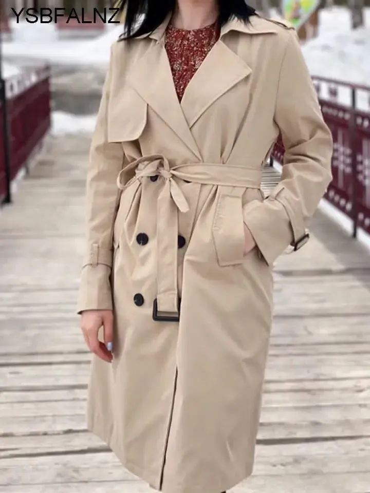 Windbreaker Autumn Winter Women Lapel Double Breasted Trench Coats Office Long Lining Korean Fashion Clothing 26820
